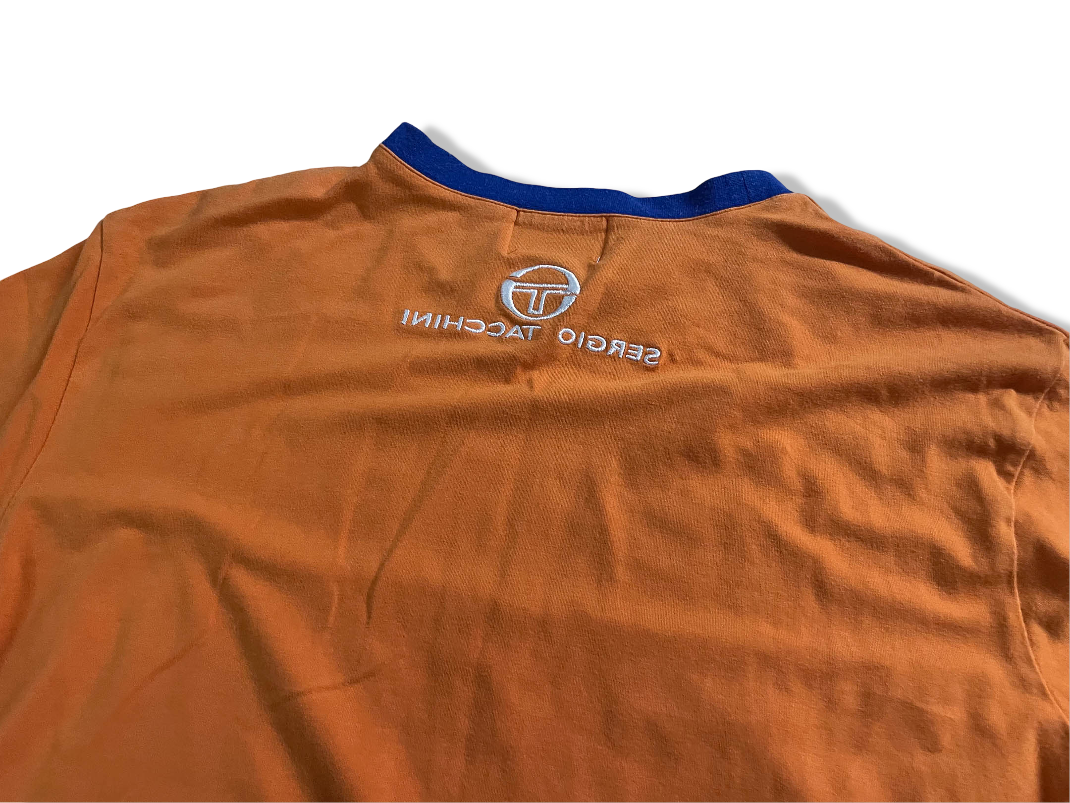 Vintage Men's Sergio Tacchini colorblock orange & white tees in L|L27 W18|SKU 4116