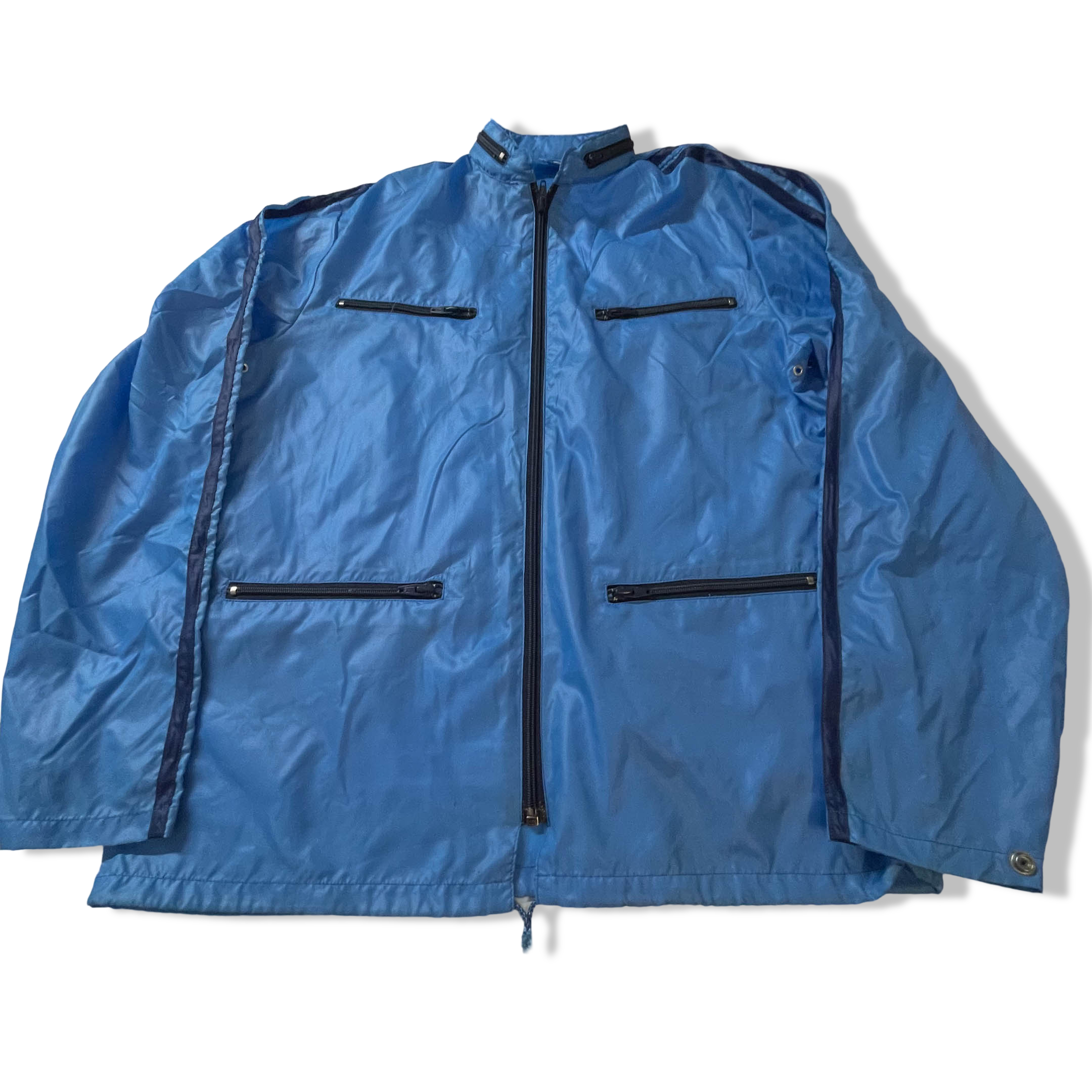 Vintage Blue Women's Double zip pocket nylon hoodie rain coat in L|L29W22| 3834