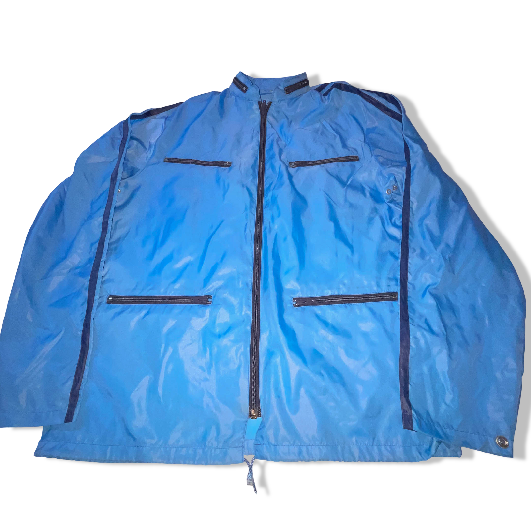 Vintage Blue Women's Double zip pocket nylon hoodie rain coat in L|L29W22| 3834