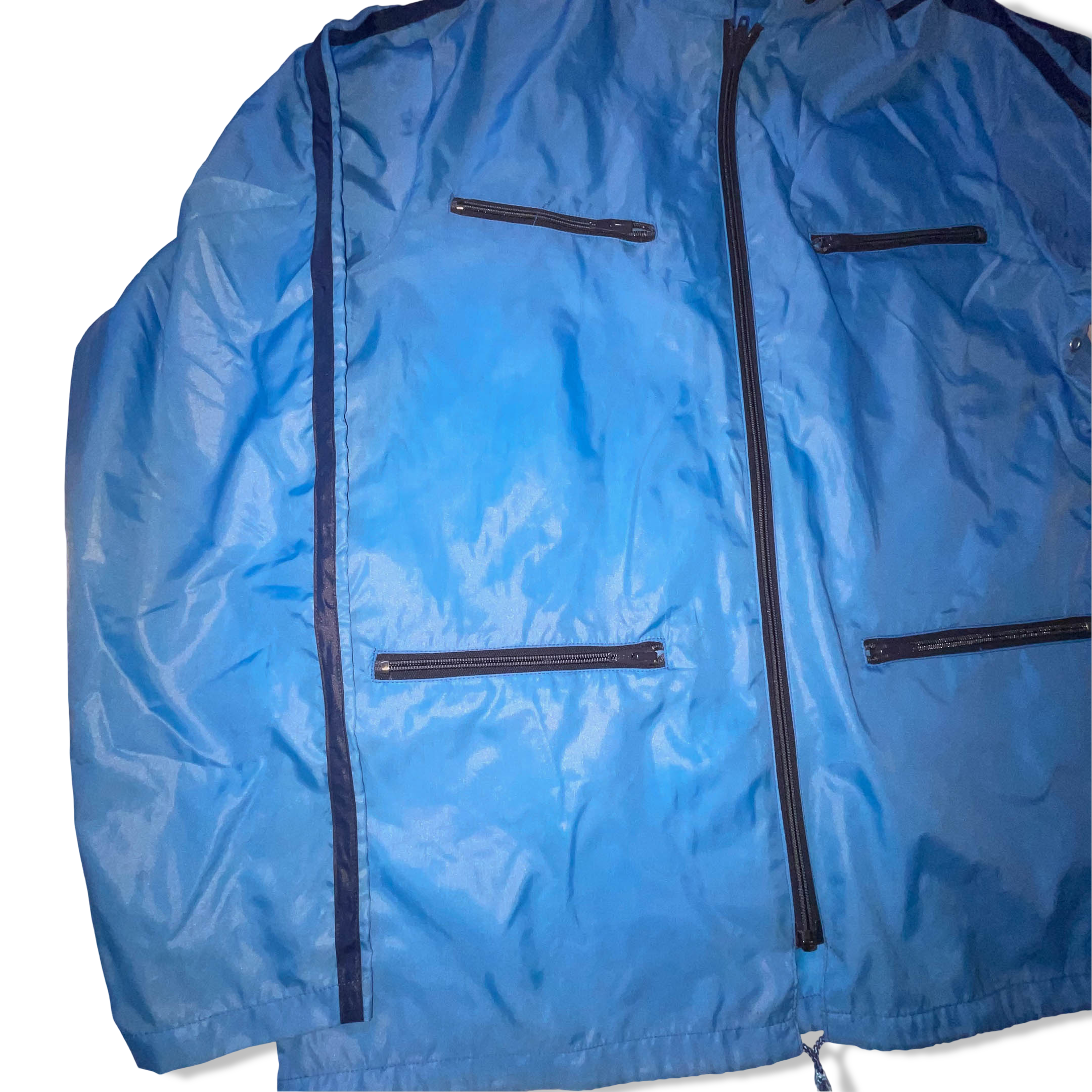 Vintage Blue Women's Double zip pocket nylon hoodie rain coat in L|L29W22| 3834