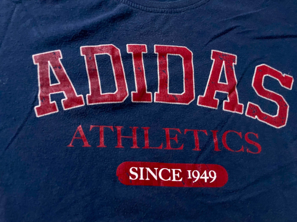 Vintage Men's 90's Adidas Athletics graphics Navy tees in L|SKU 4120