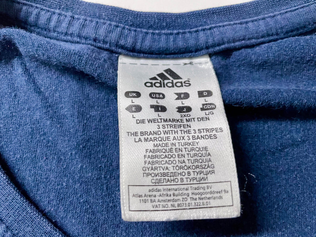 Vintage Men's 90's Adidas Athletics graphics Navy tees in L|SKU 4120