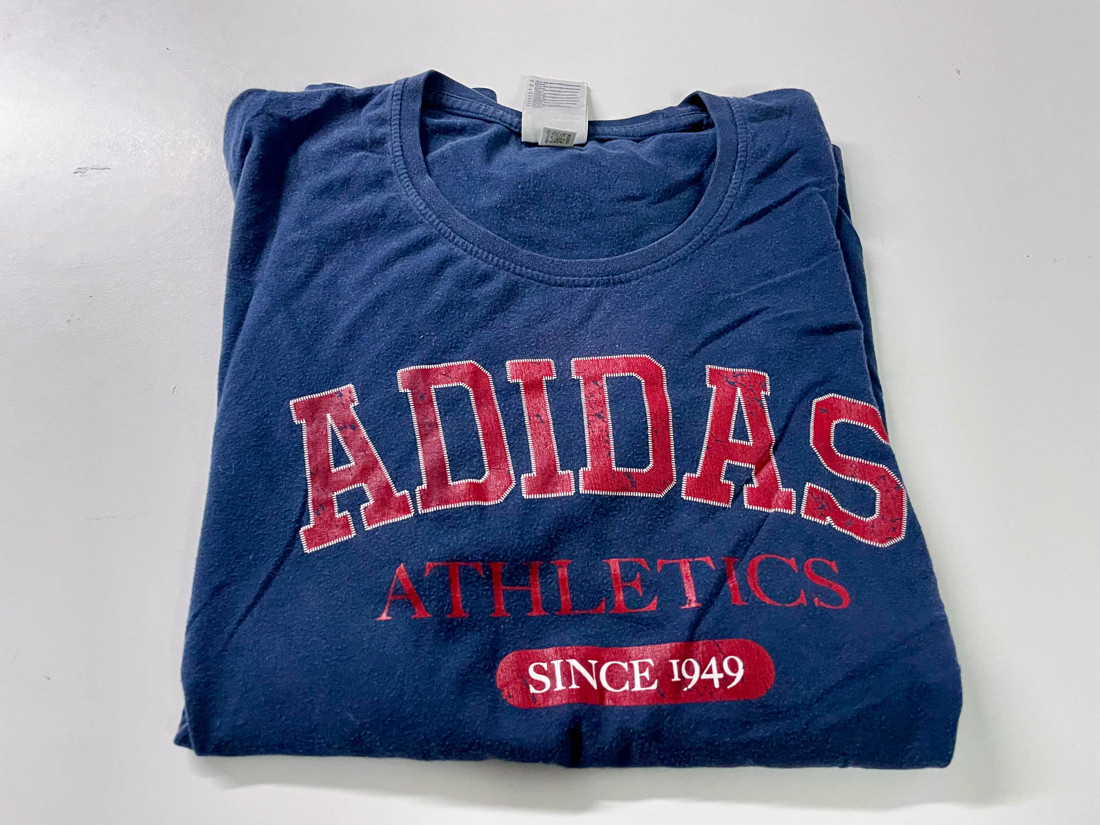 Vintage Men's 90's Adidas Athletics graphics Navy tees in L|SKU 4120