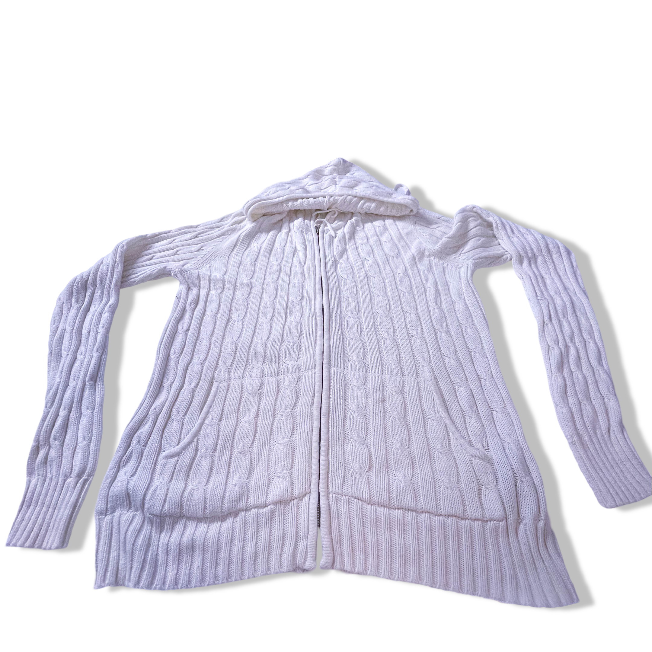 Vintage Women's Tommy Hilfiger 90's White Knit Cardigan with Hoodie in L| L25W20| Made in China