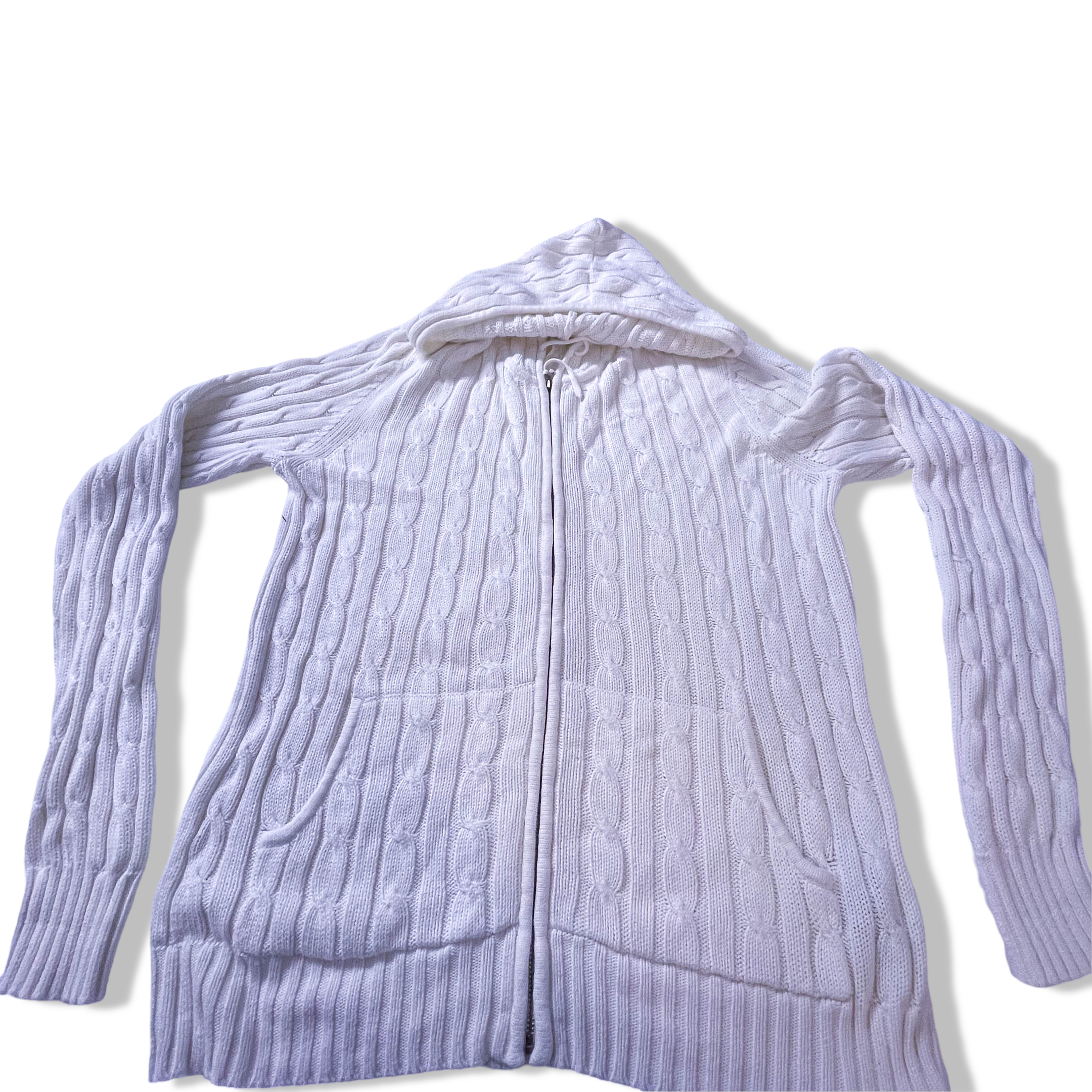 Vintage Women's Tommy Hilfiger 90's White Knit Cardigan with Hoodie in L| L25W20| Made in China