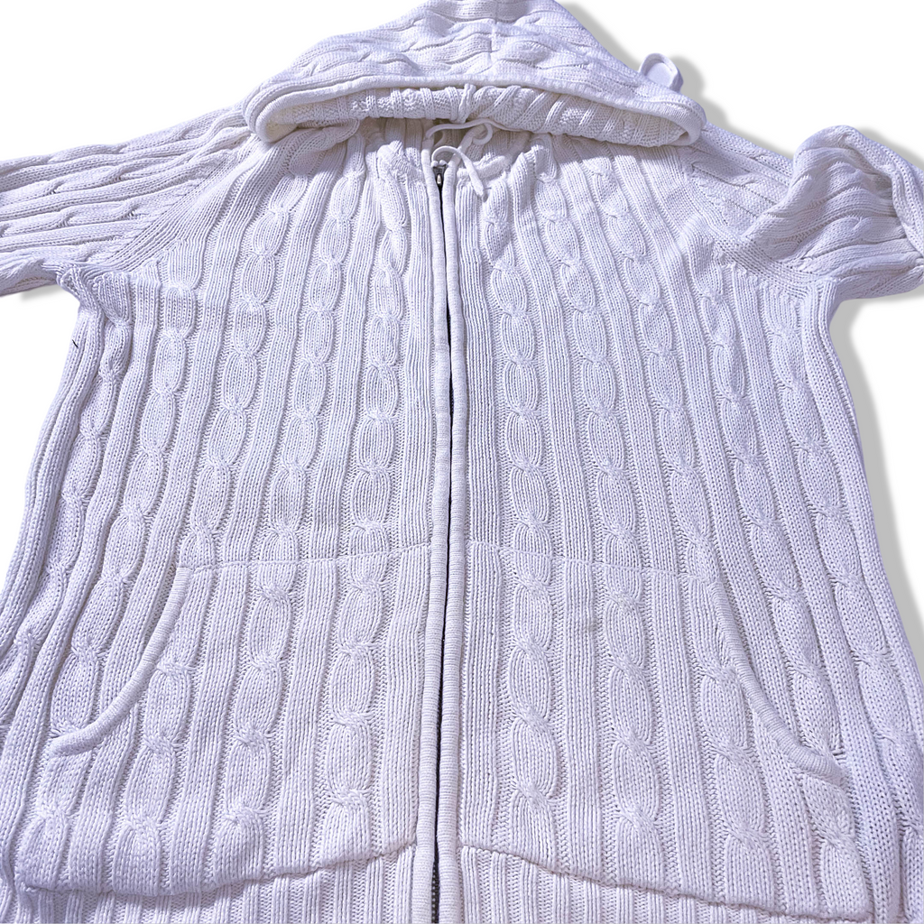 Vintage Women's Tommy Hilfiger 90's White Knit Cardigan with Hoodie in L| L25W20| Made in China