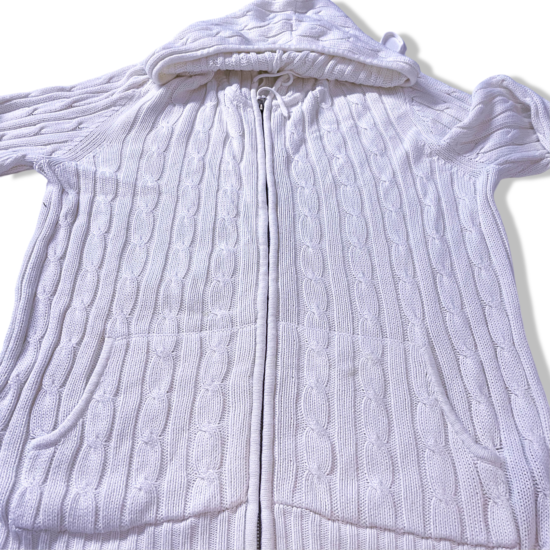 Vintage Women's Tommy Hilfiger 90's White Knit Cardigan with Hoodie in L| L25W20| Made in China