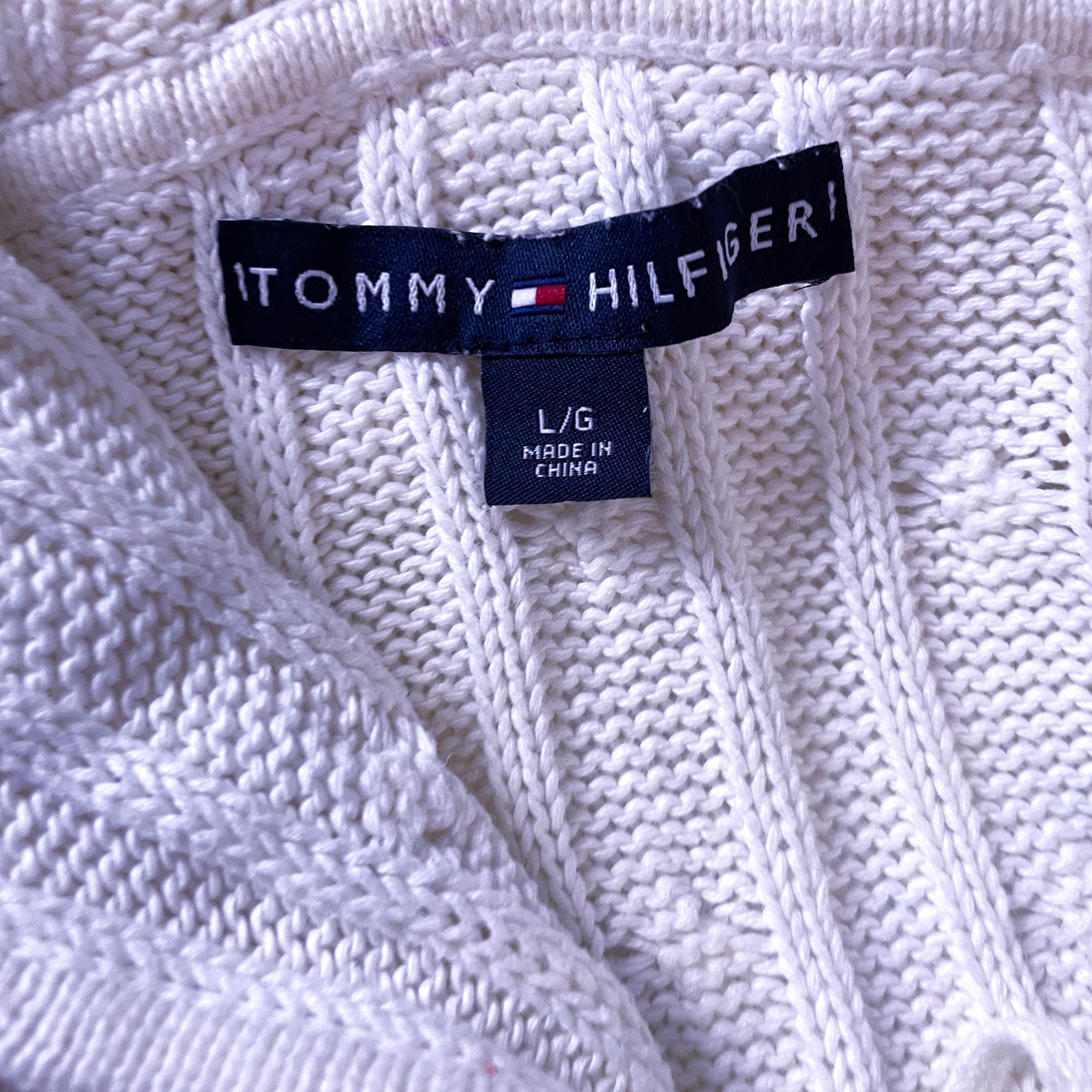 Vintage Women's Tommy Hilfiger 90's White Knit Cardigan with Hoodie in L| L25W20| Made in China