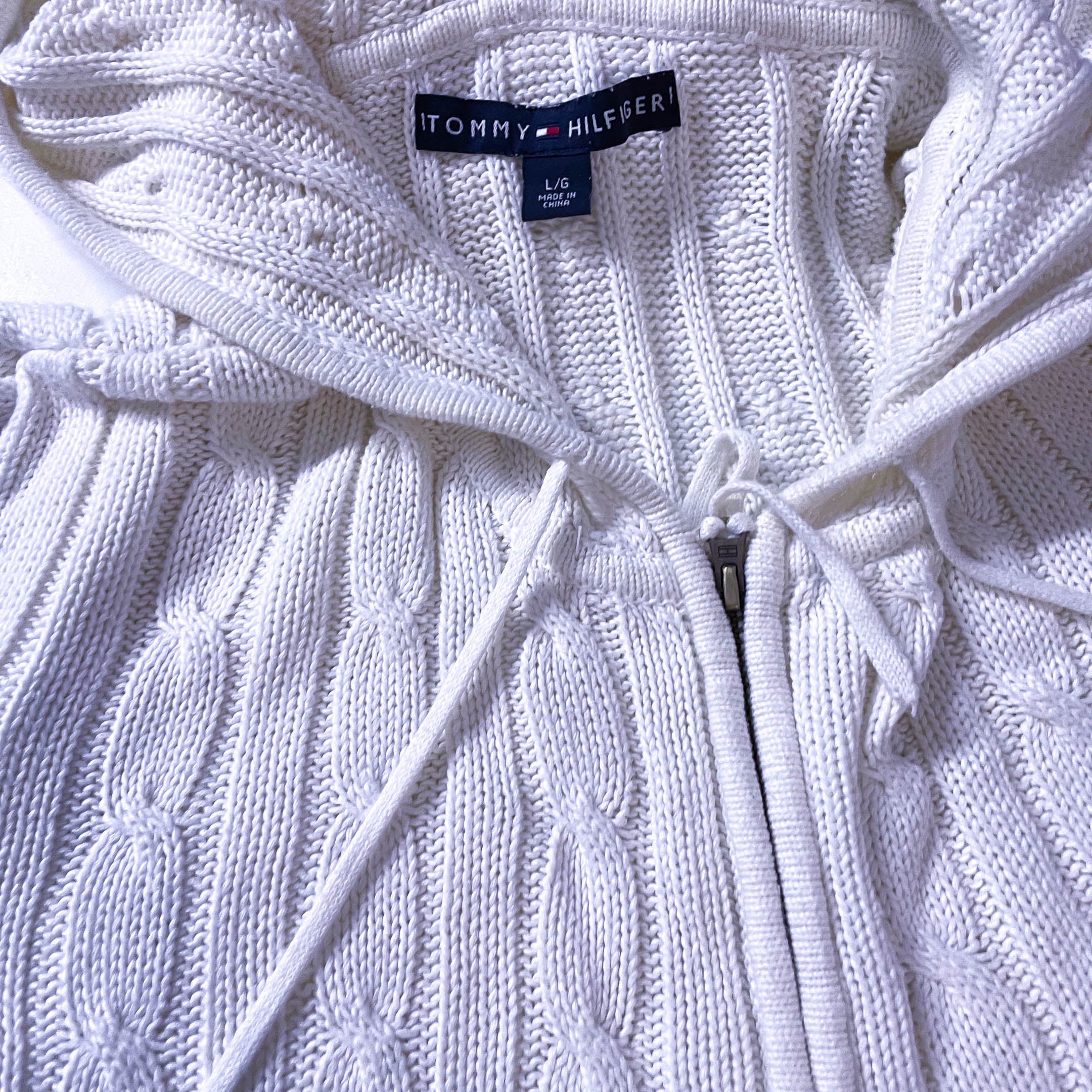 Vintage Women's Tommy Hilfiger 90's White Knit Cardigan with Hoodie in L| L25W20| Made in China