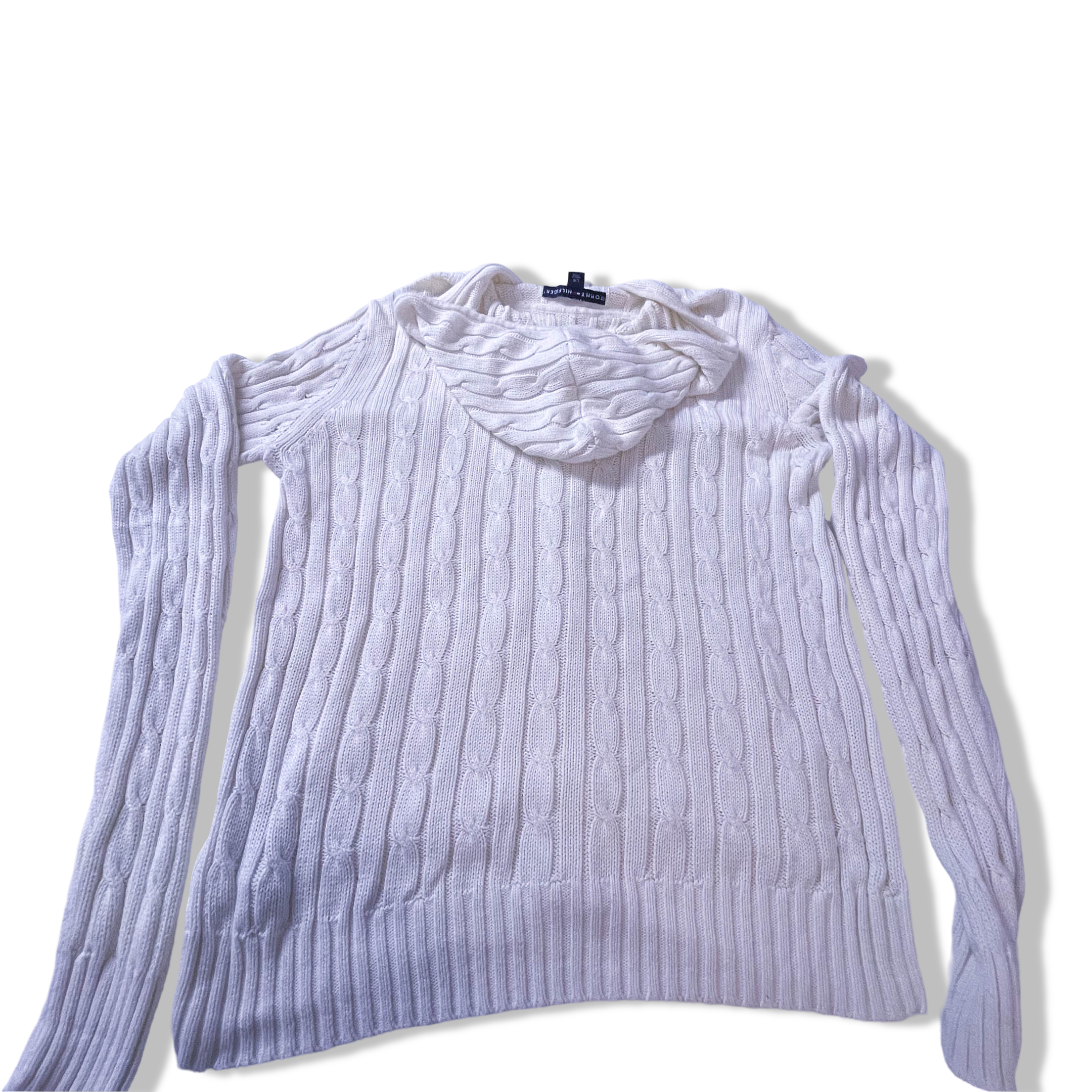 Vintage Women's Tommy Hilfiger 90's White Knit Cardigan with Hoodie in L| L25W20| Made in China