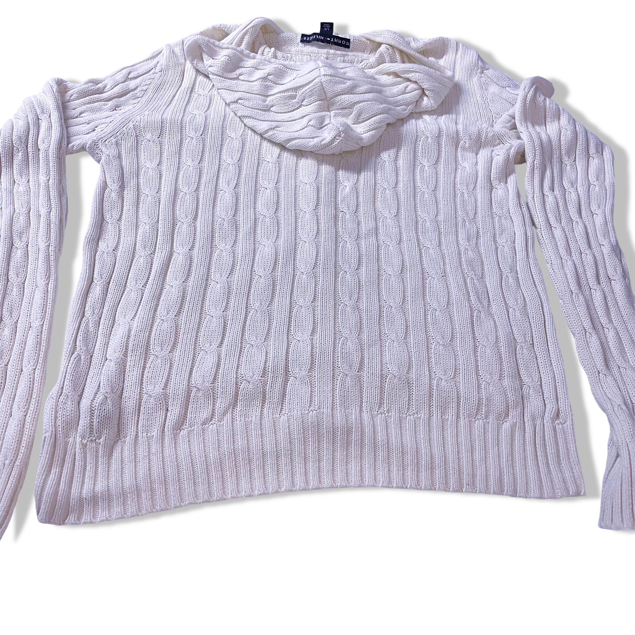 Vintage Women's Tommy Hilfiger 90's White Knit Cardigan with Hoodie in L| L25W20| Made in China