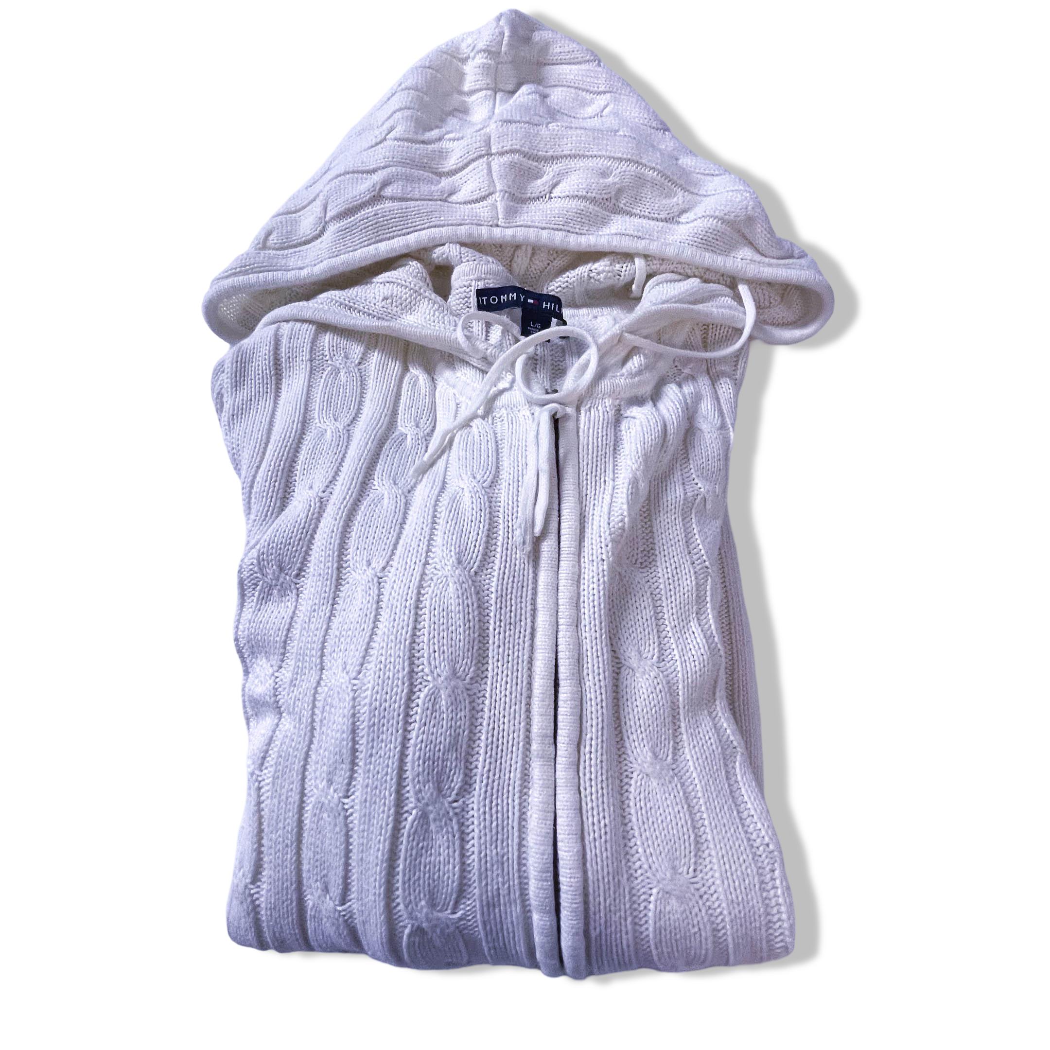 Vintage Women's Tommy Hilfiger 90's White Knit Cardigan with Hoodie in L| L25W20| Made in China