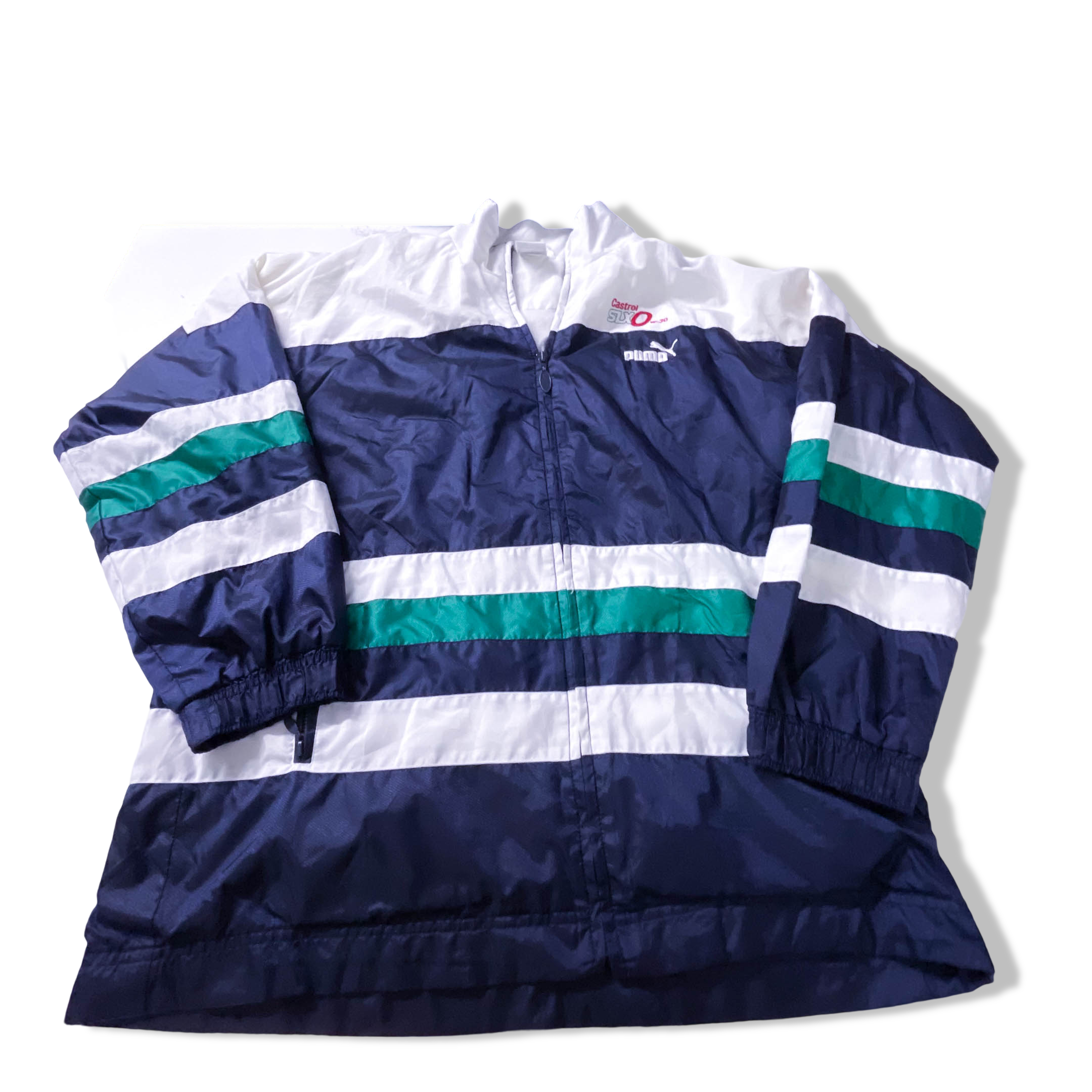 Vintage Men's Puma Castrol black multi stripe full zip jacket in S|L31 W22|SKU 3882