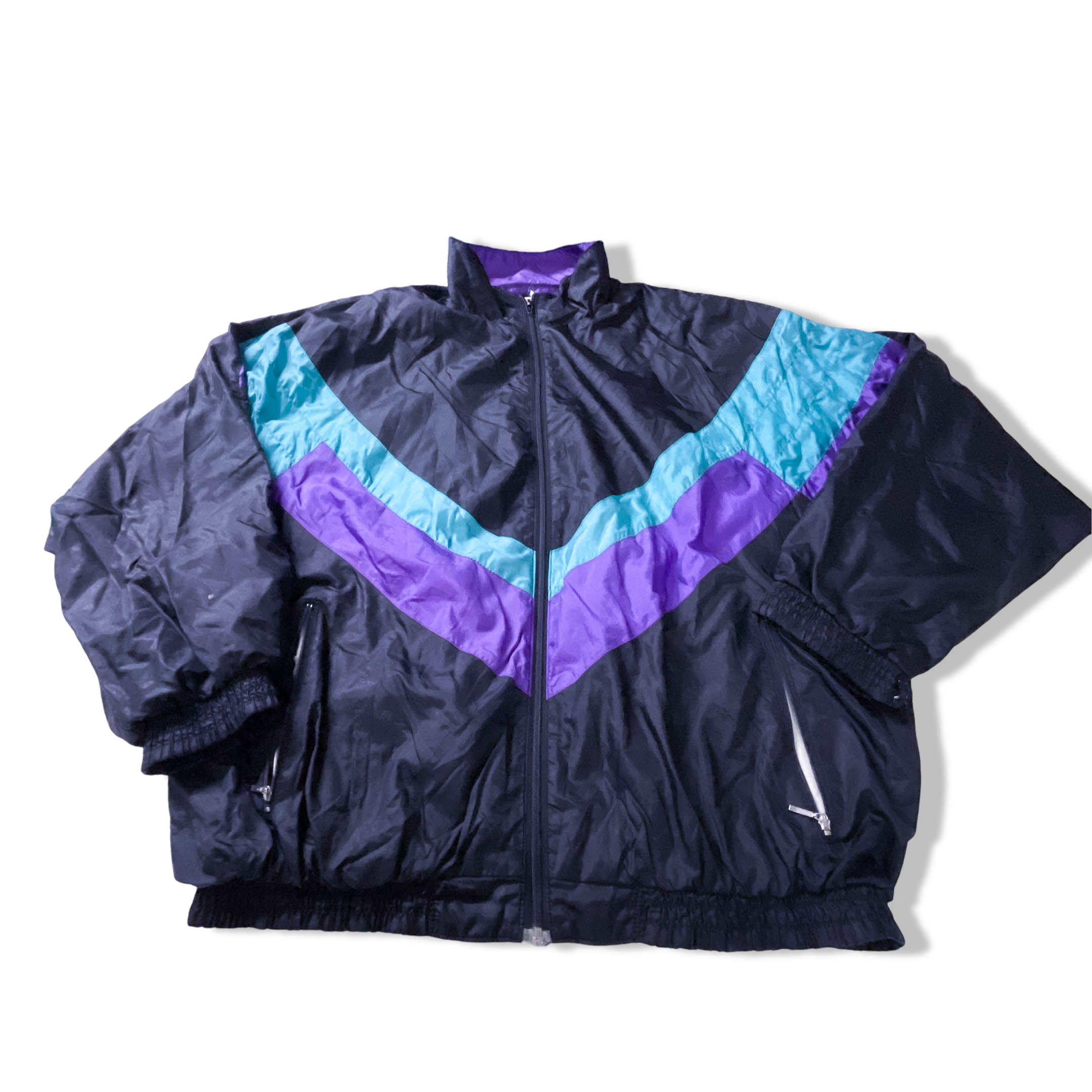 Vintage Black Colorblock winbreaker full zip track jacket in L/XL|L 31 W26|SKU 3883
