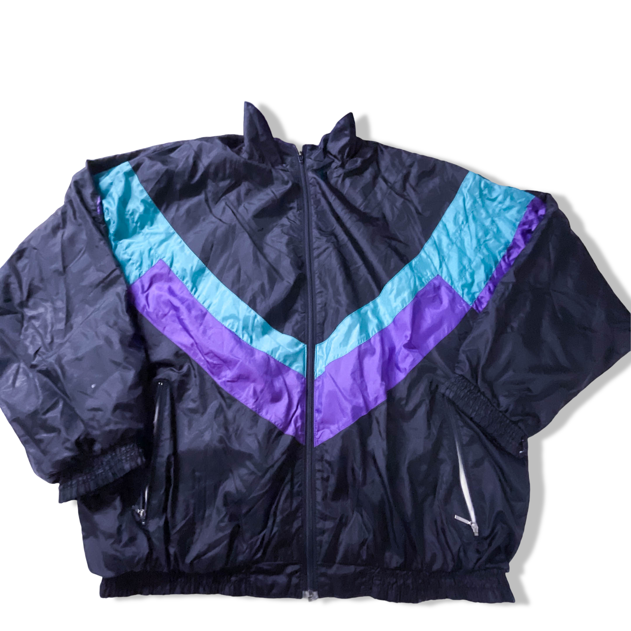Vintage Black Colorblock winbreaker full zip track jacket in L/XL|L 31 W26|SKU 3883