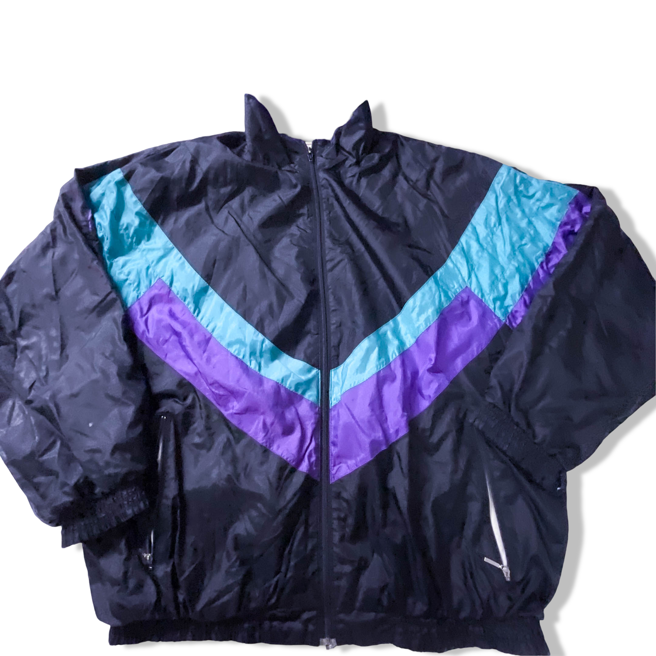 Vintage Black Colorblock winbreaker full zip track jacket in L/XL|L 31 W26|SKU 3883