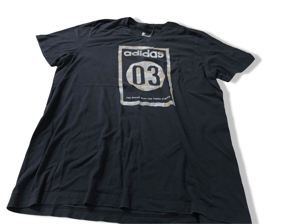 Vintage Men's Black Adidas 03 graphics short sleeve tees in XXL|L31 W22|SKU 4131