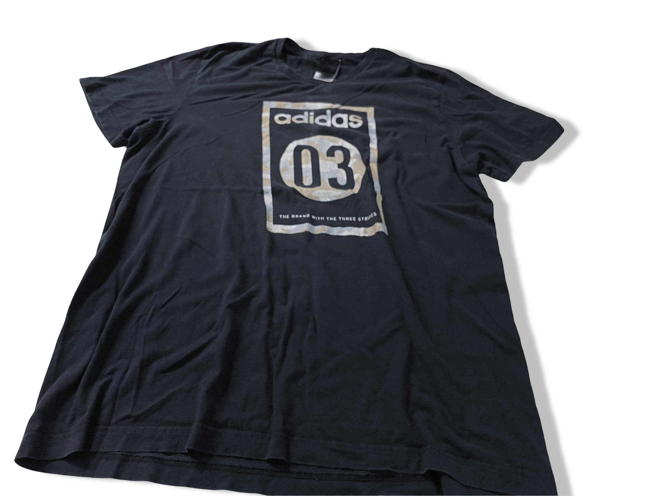 Vintage Men's Black Adidas 03 graphics short sleeve tees in XXL|L31 W22|SKU 4131