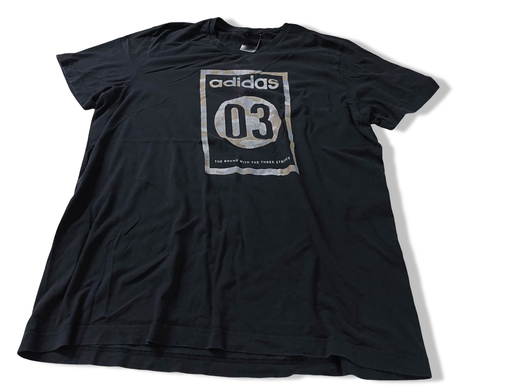 Vintage Men's Black Adidas 03 graphics short sleeve tees in XXL|L31 W22|SKU 4131