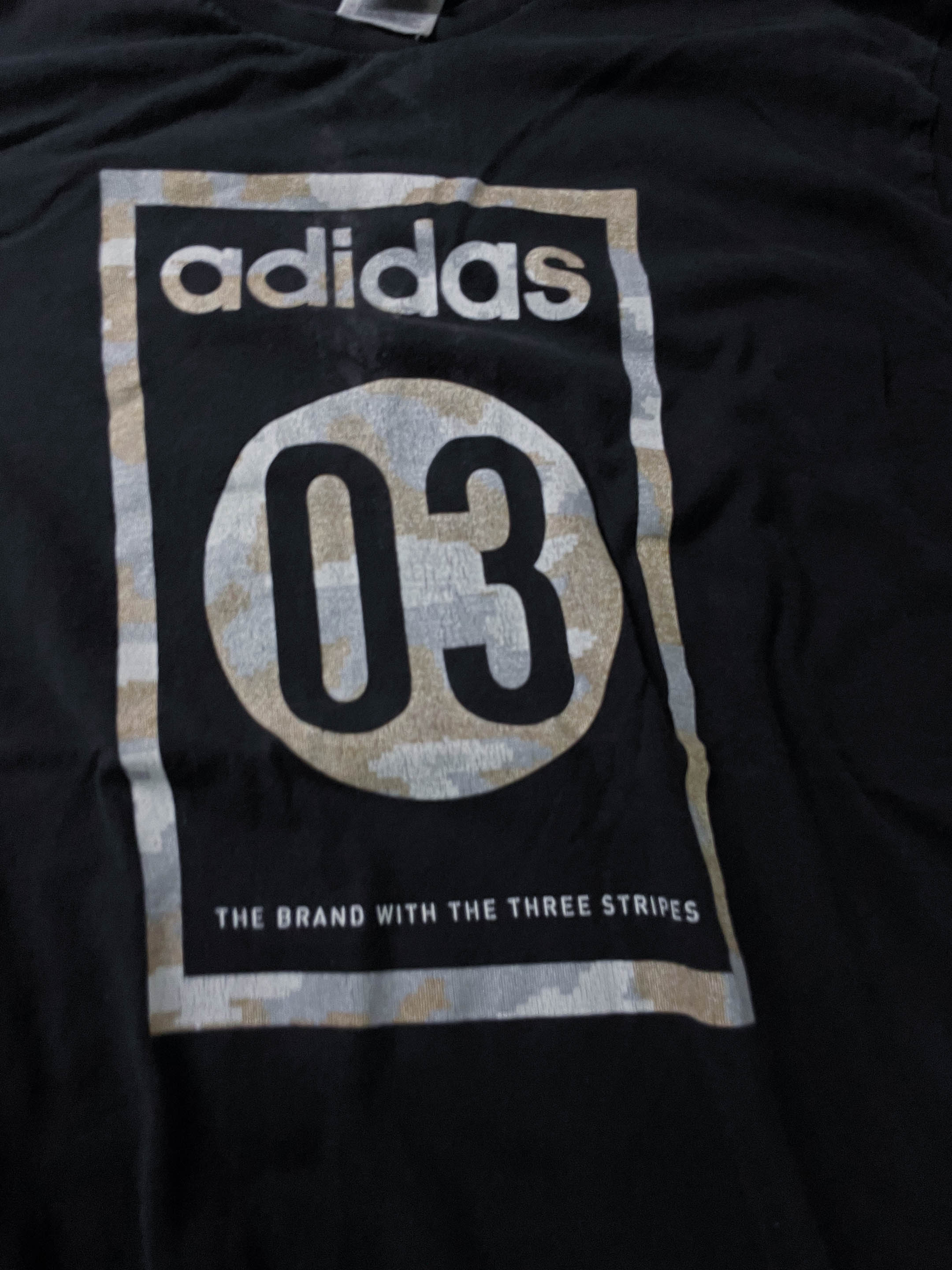 Vintage Men's Black Adidas 03 graphics short sleeve tees in XXL|L31 W22|SKU 4131
