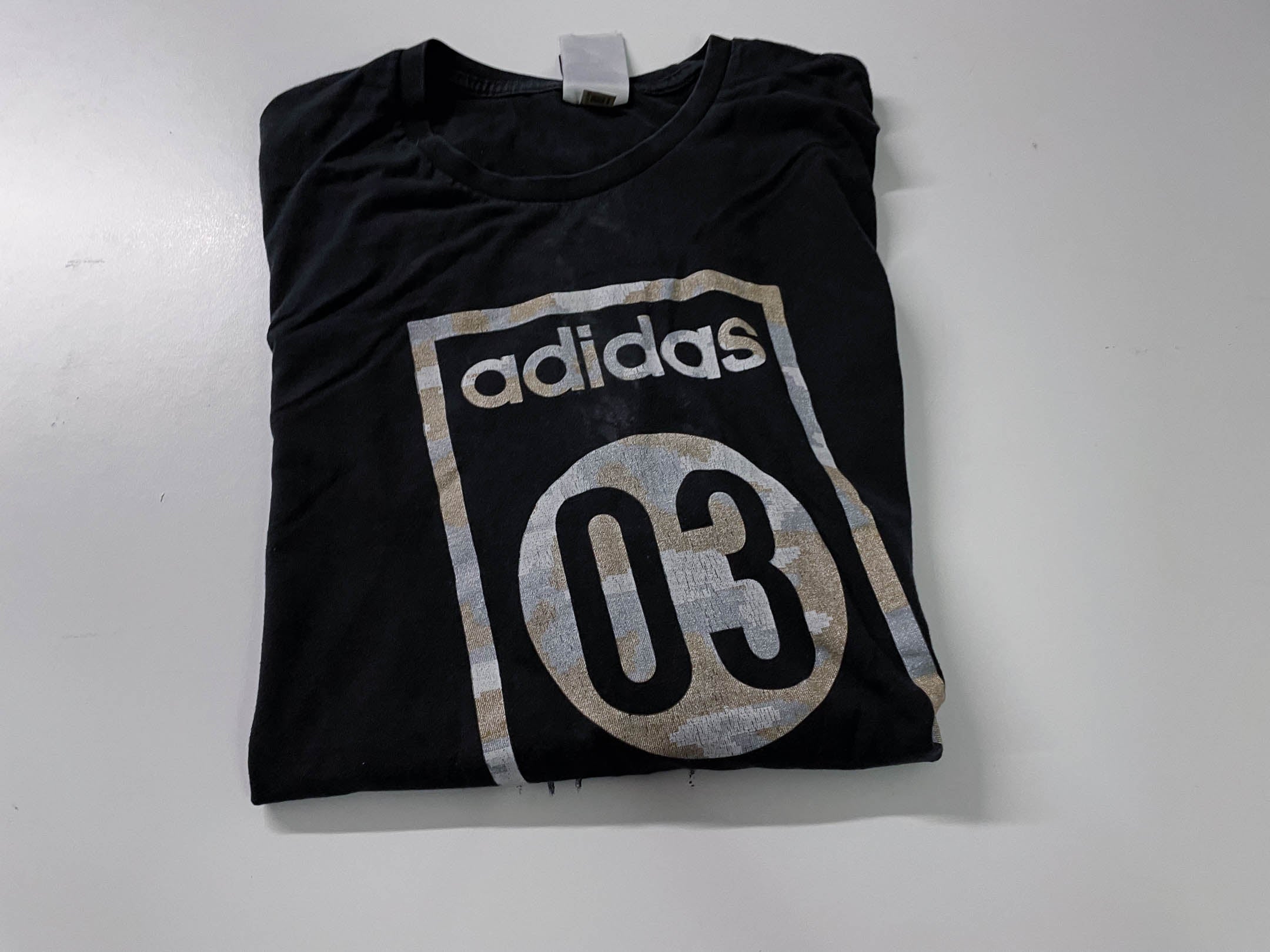 Vintage Men's Black Adidas 03 graphics short sleeve tees in XXL|L31 W22|SKU 4131