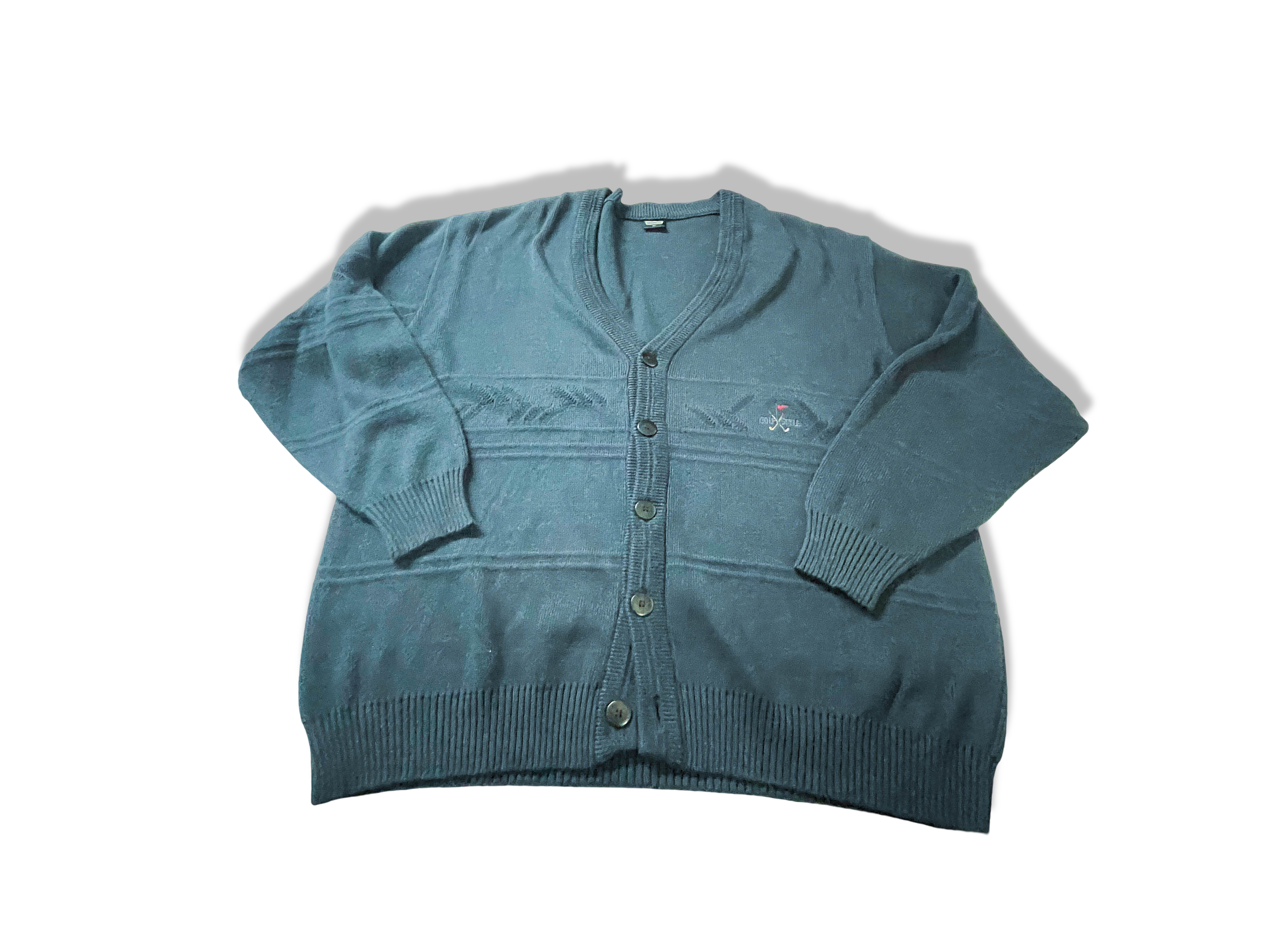 Vintage Golf Style men's blue chunky knitted button up V-neck Cardigan in L|L28W25|SKU 3924