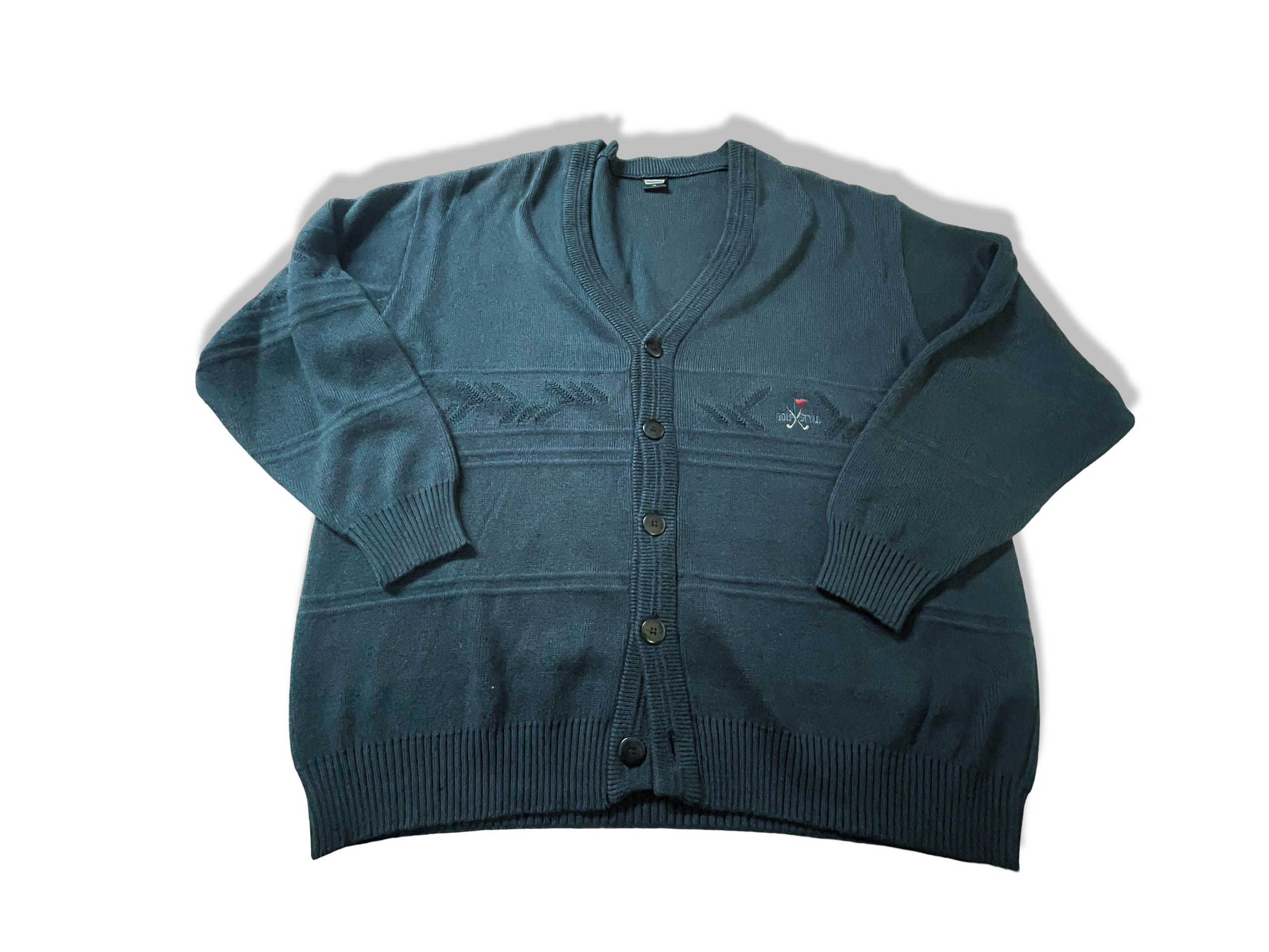 Vintage Golf Style men's blue chunky knitted button up V-neck Cardigan in L|L28W25|SKU 3924