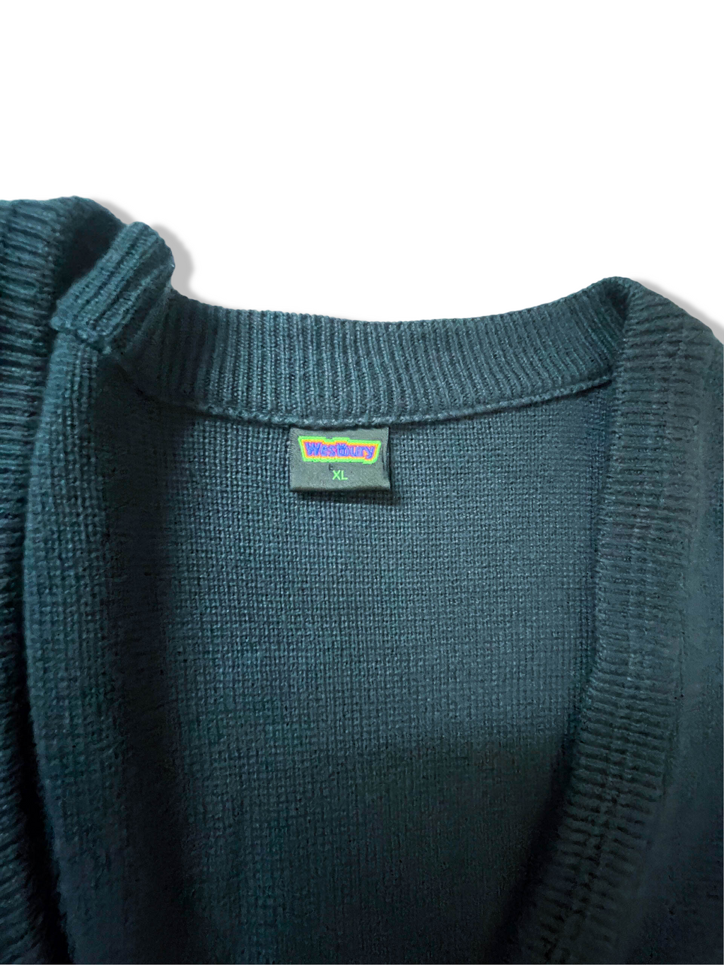 Vintage Golf Style men's blue chunky knitted button up V-neck Cardigan in L|L28W25|SKU 3924