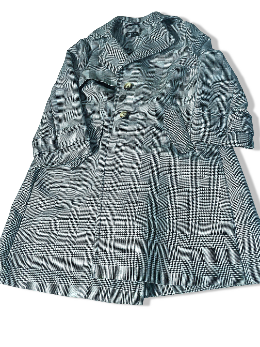 Vintage women's Topshop black Plaid double breasted trench coat UK 12|L35W20|SKU 3930