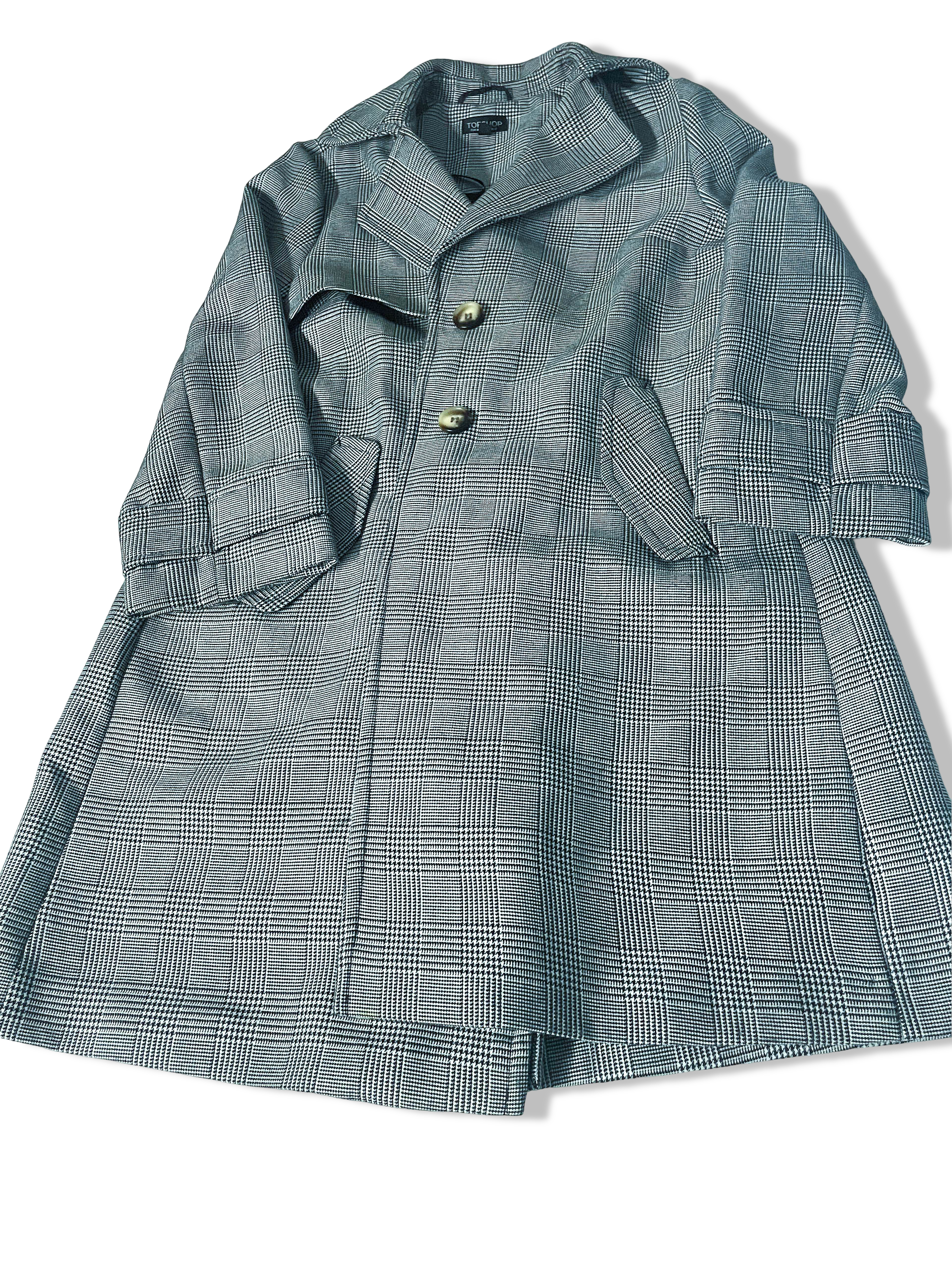 Vintage women's Topshop black Plaid double breasted trench coat UK 12|L35W20|SKU 3930