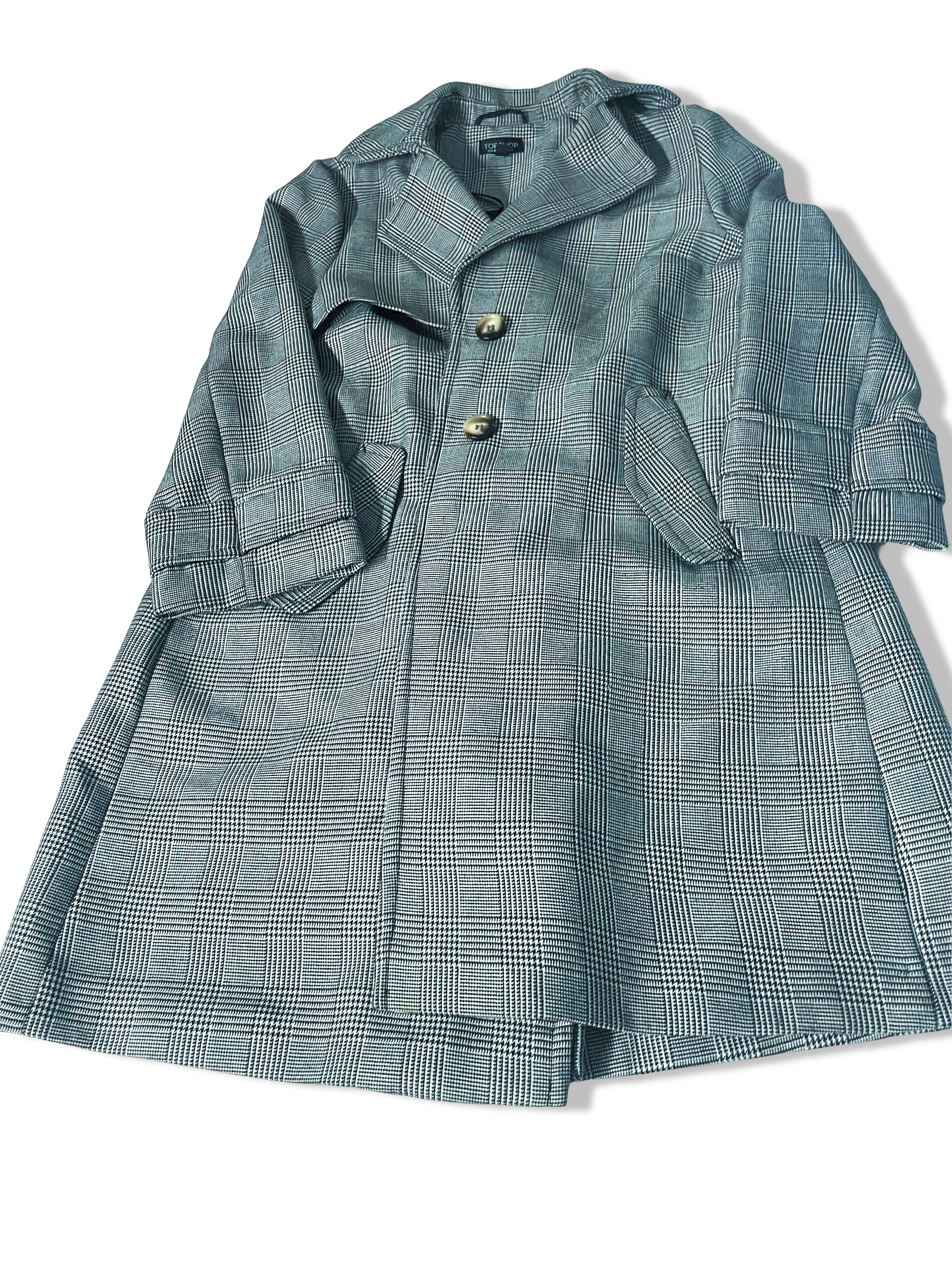 Vintage women's Topshop black Plaid double breasted trench coat UK 12|L35W20|SKU 3930