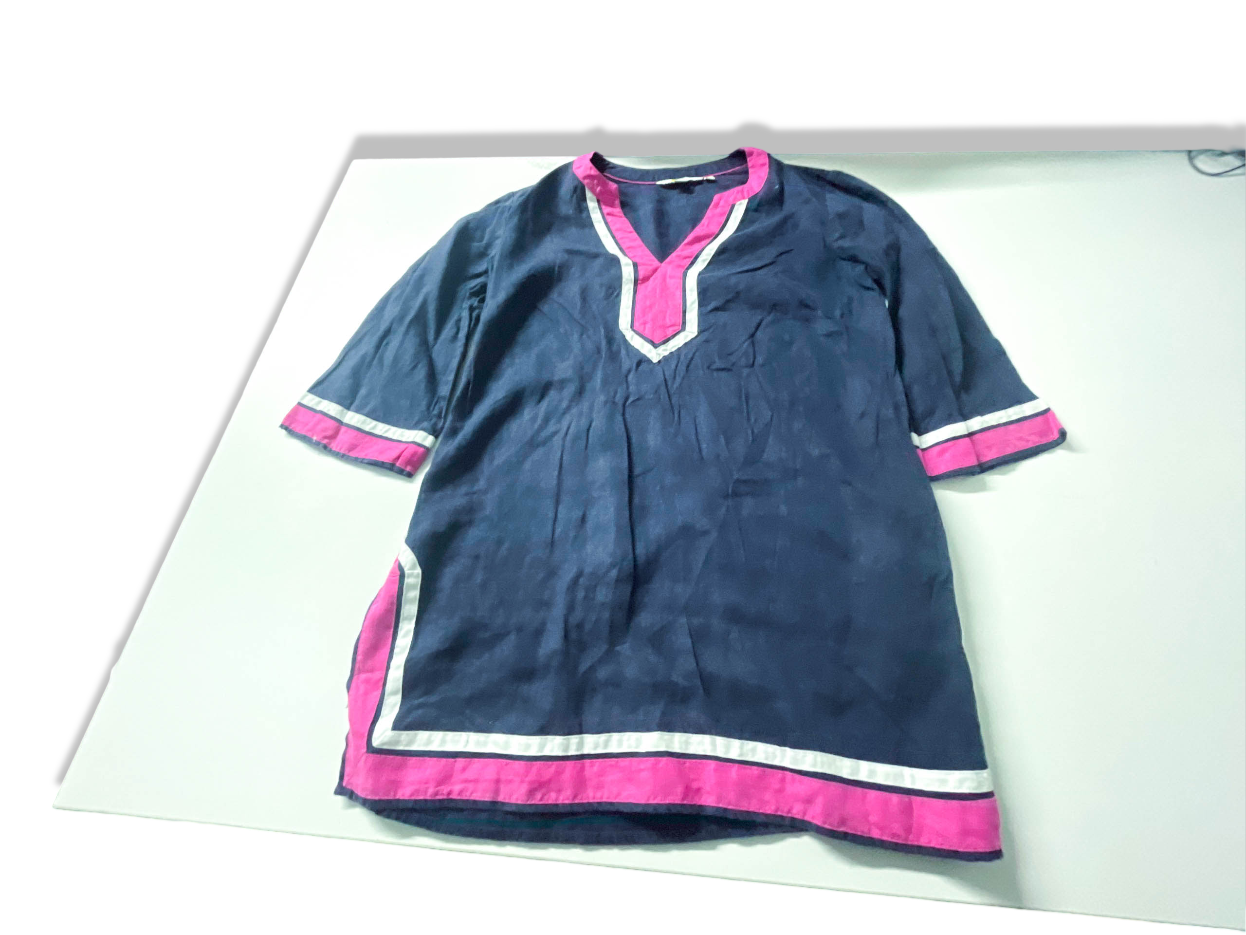 Boden Cleo Linen Tunic Top Kaftan Navy Blue Pink Women's UK 12|L29W20|SKU 3940