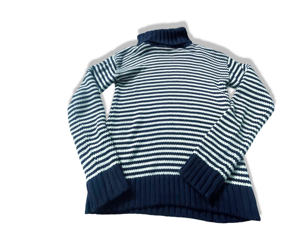 Vintage Women's Navy stripe Juicy Couture turtle neck cardigan in M|L26 W17|SKU 3941
