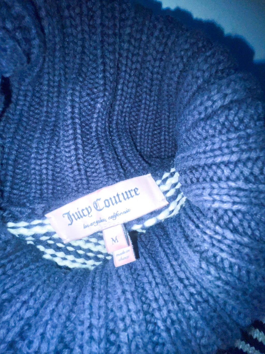 Vintage Women's Navy stripe Juicy Couture turtle neck cardigan in M|L26 W17|SKU 3941
