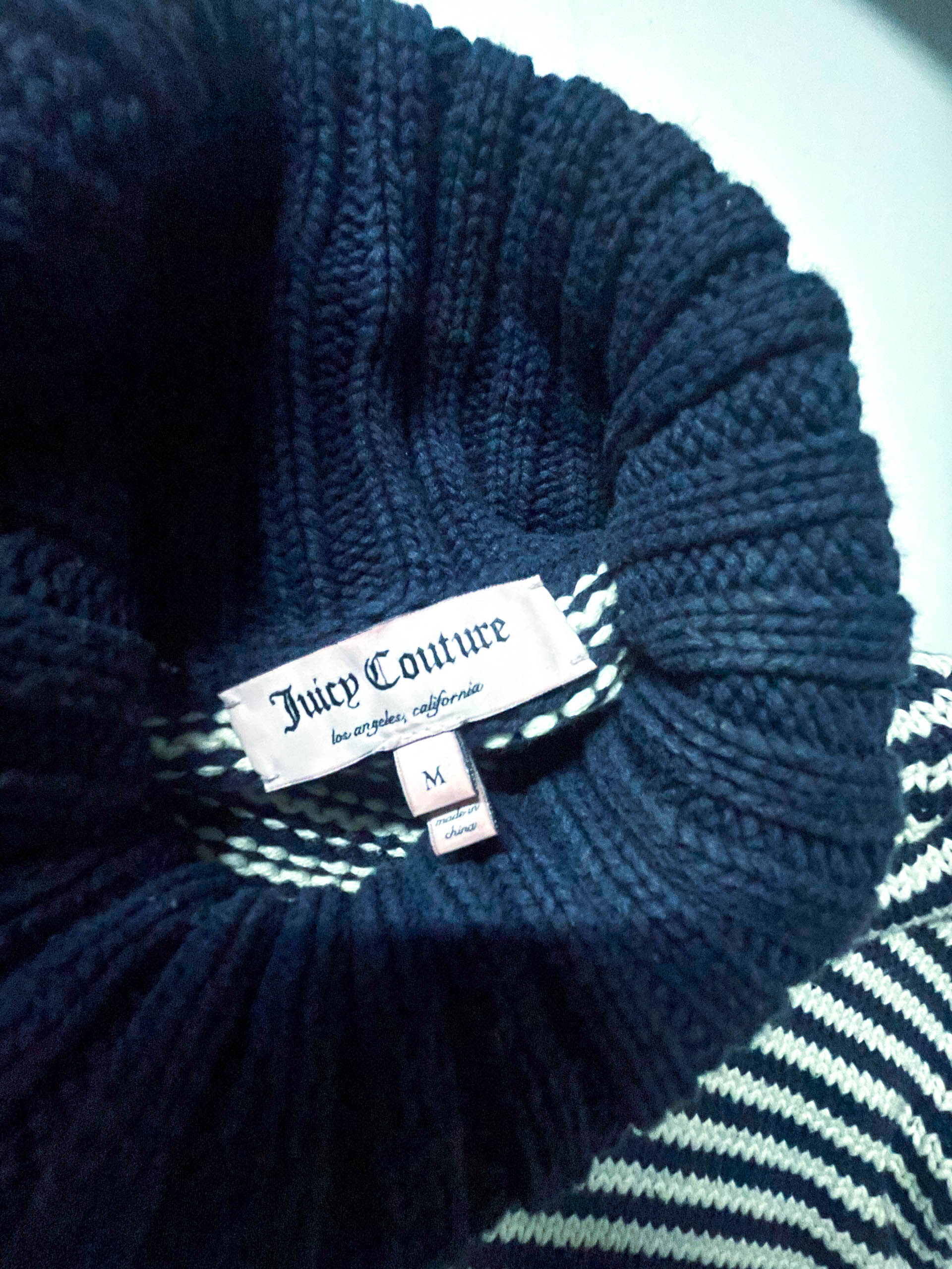 Vintage Women's Navy stripe Juicy Couture turtle neck cardigan in M|L26 W17|SKU 3941