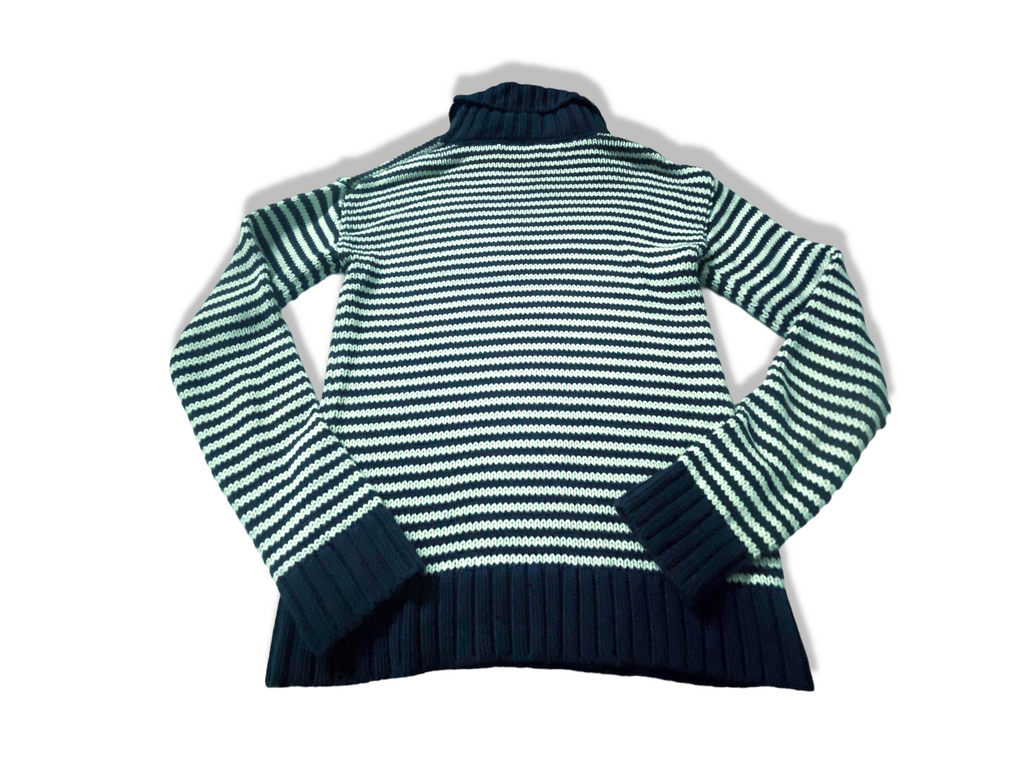 Vintage Women's Navy stripe Juicy Couture turtle neck cardigan in M|L26 W17|SKU 3941