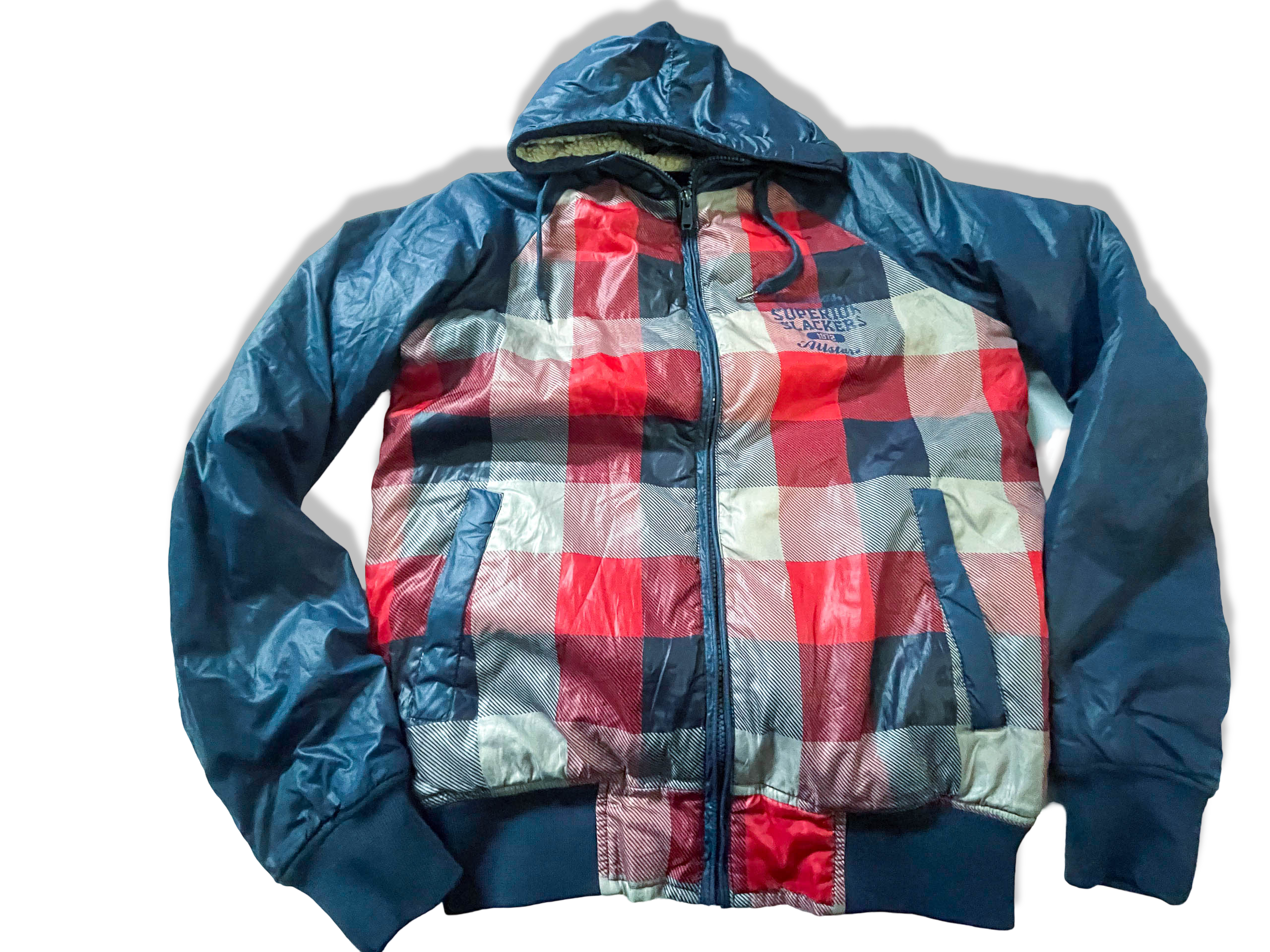 Vintage Fishbone superior slacker blue checkered full zip hoodie in S/M|L26 W21|SKU 3965