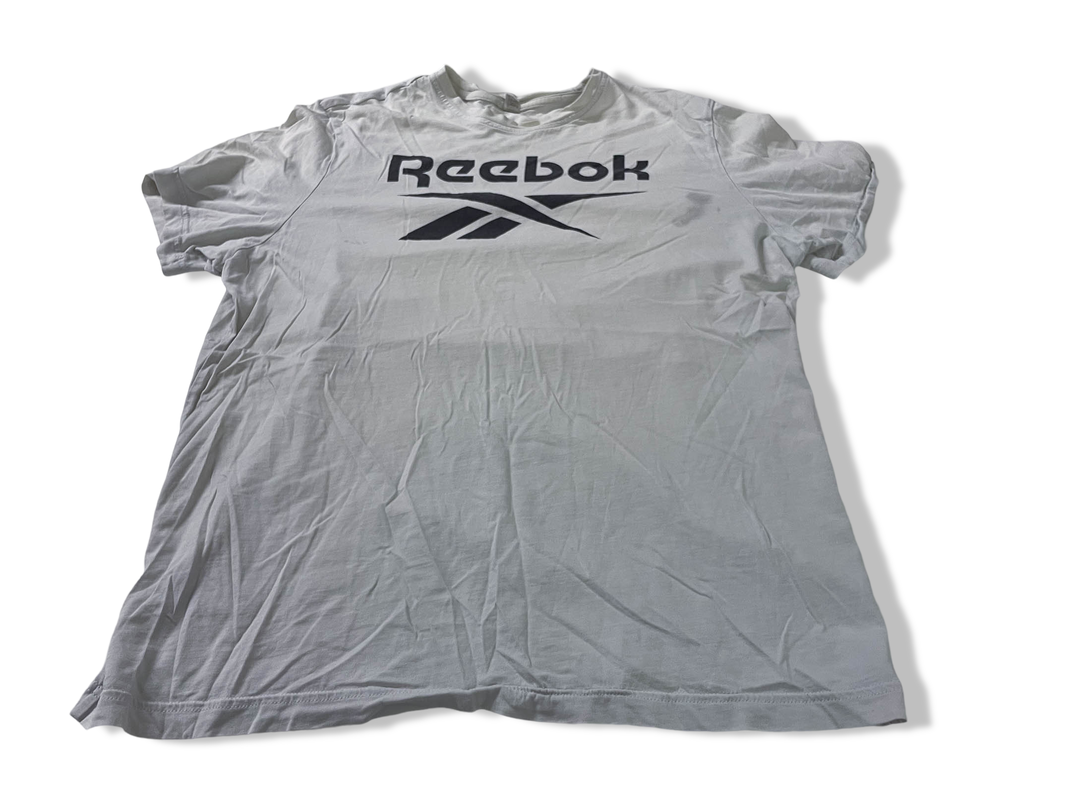 Vintage Men's Reebok print white short sleeve tees in M|L28 W20| SKU 4138