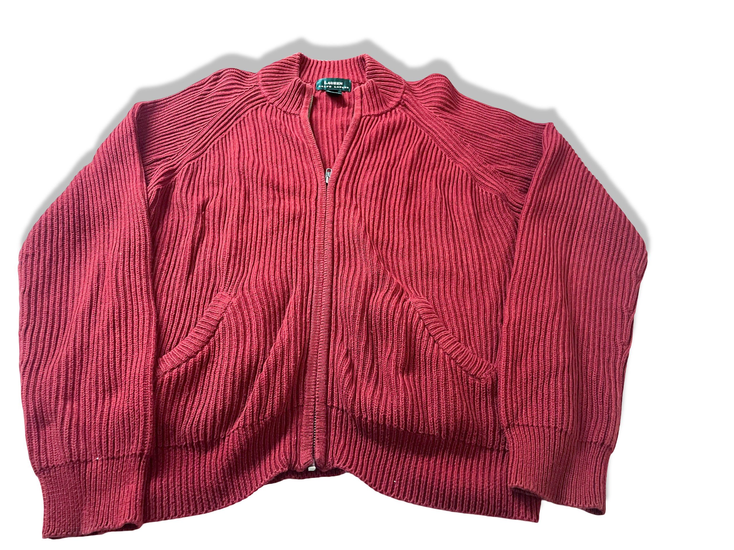 Vintage Red women's Ralph Lauren full zip knitted mock neck cardigan in M|L27W23|SKU 3980