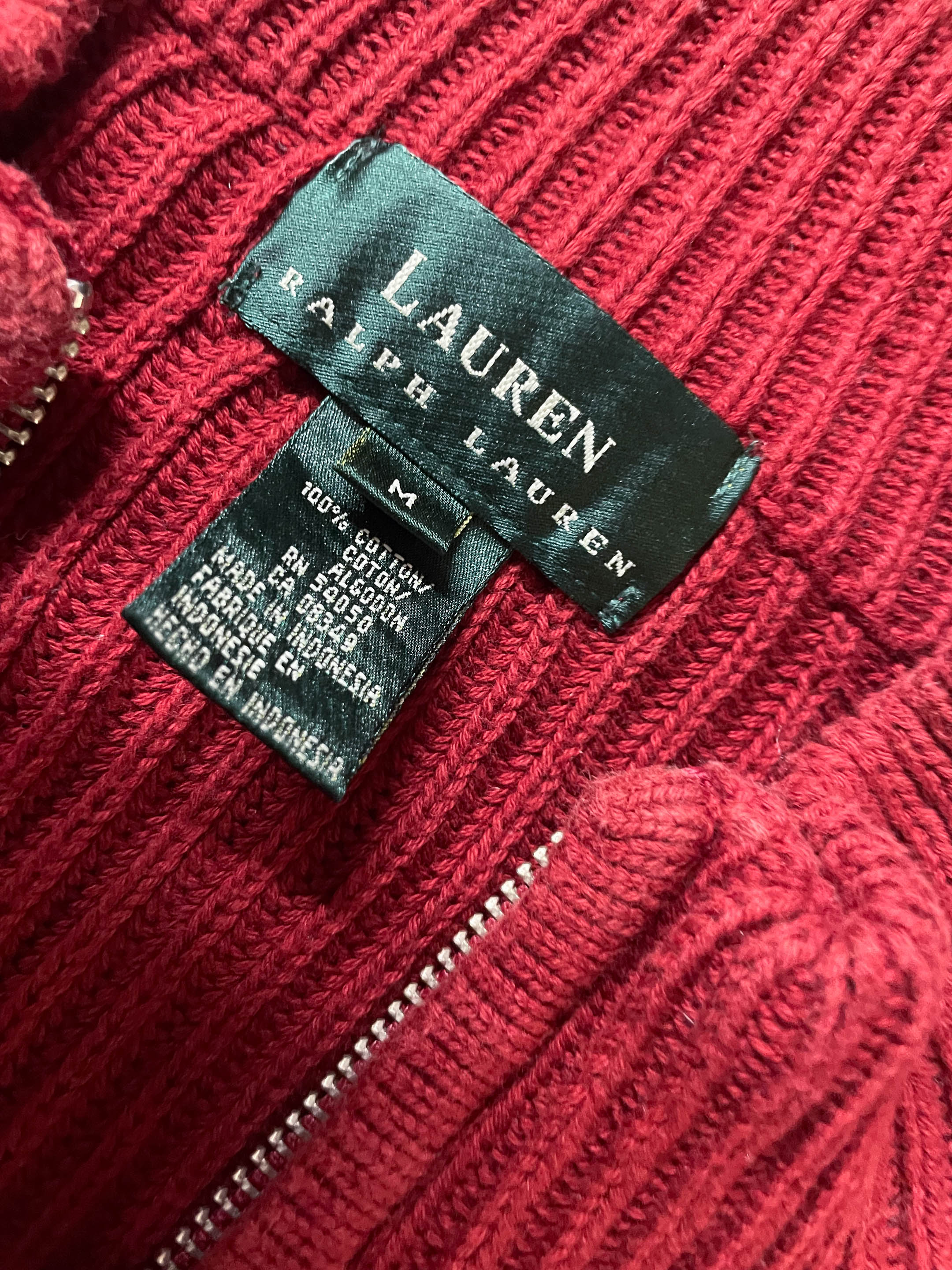 Vintage Red women's Ralph Lauren full zip knitted mock neck cardigan in M|L27W23|SKU 3980