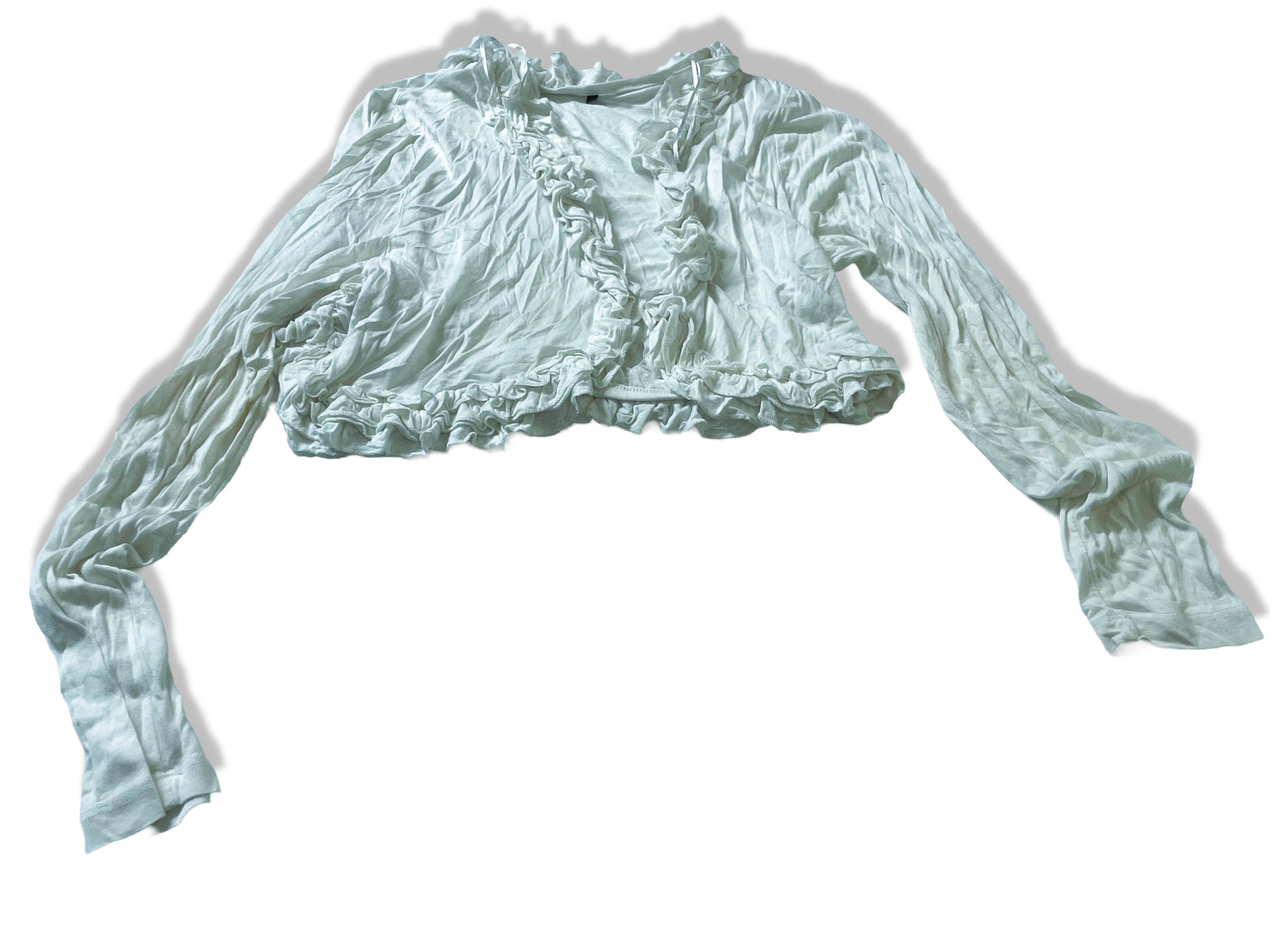 Vintage women's white ruffle long sleeve cropped top in L| L 15 W 14| SKU 3983
