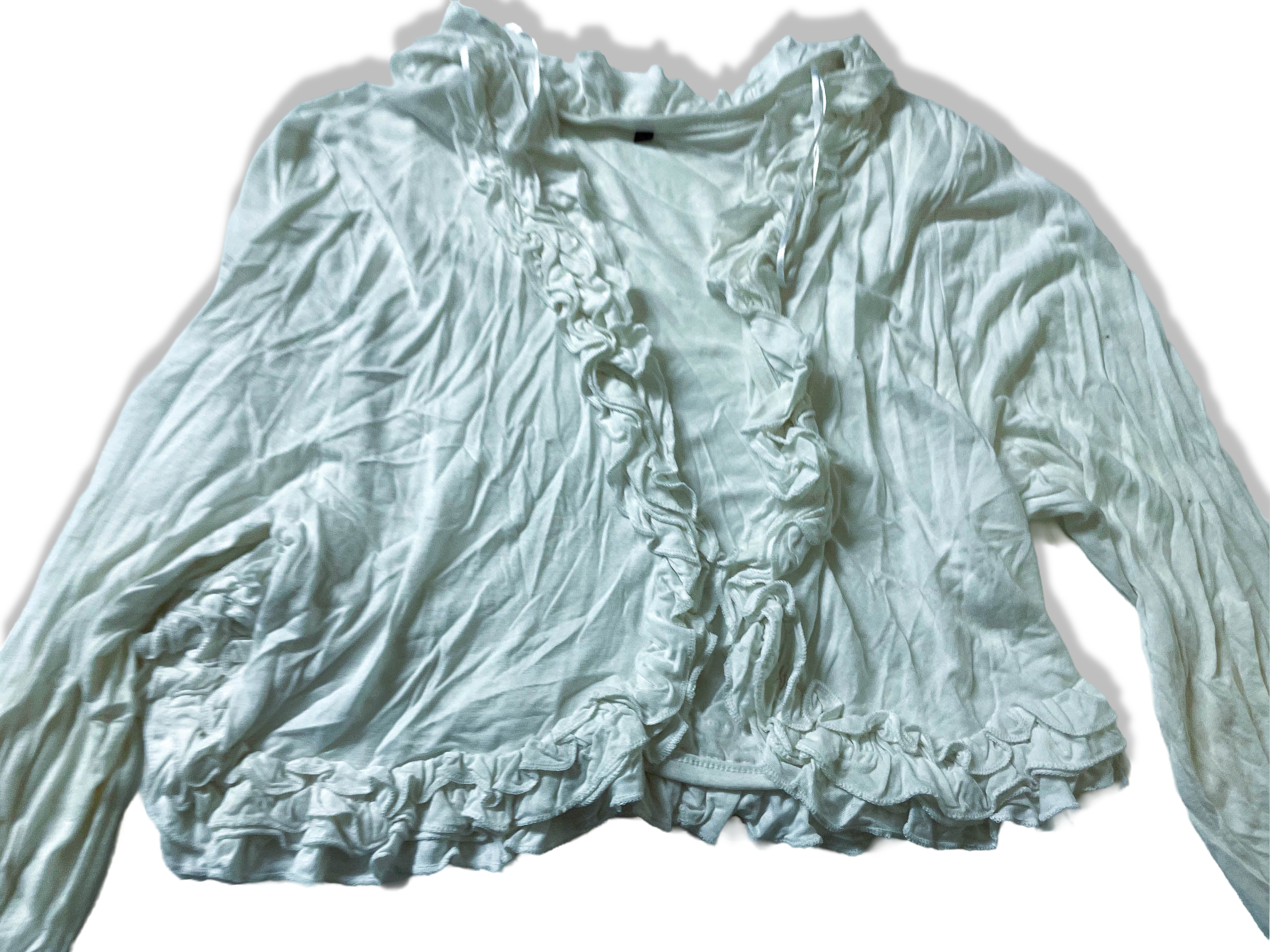 Vintage women's white ruffle long sleeve cropped top in L| L 15 W 14| SKU 3983
