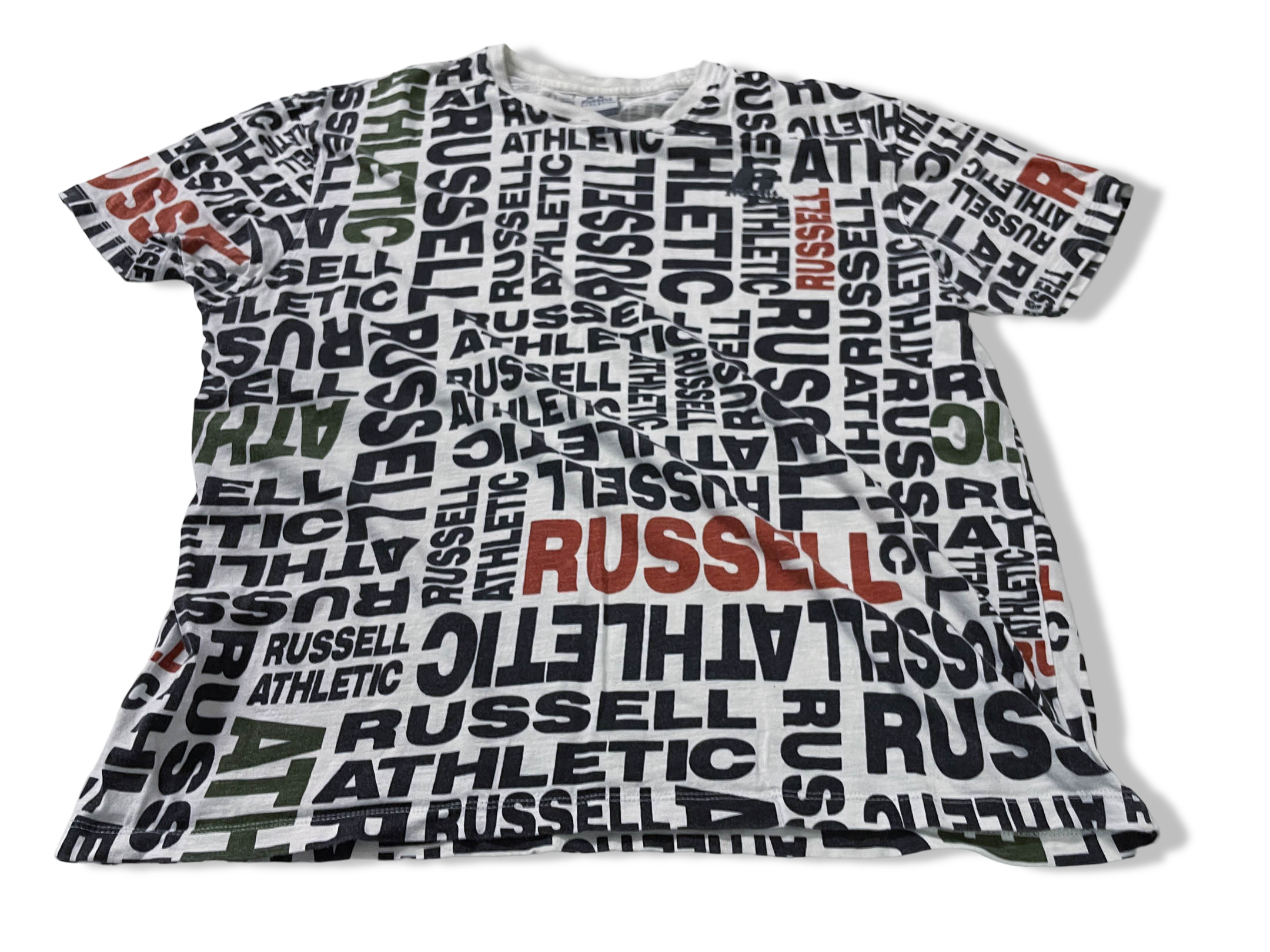 Vintage Women's Rusell Athletics all over print white short sleeve tees in L|L 25 W20|SKU 4139