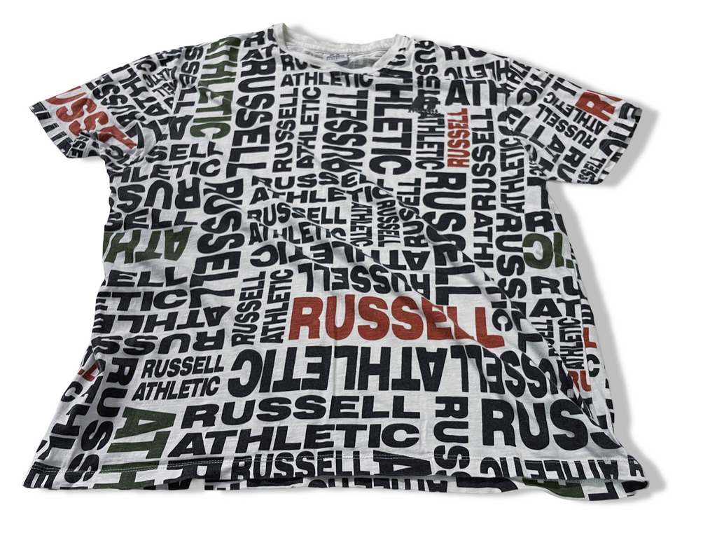 Vintage Women's Rusell Athletics all over print white short sleeve tees in L|L 25 W20|SKU 4139