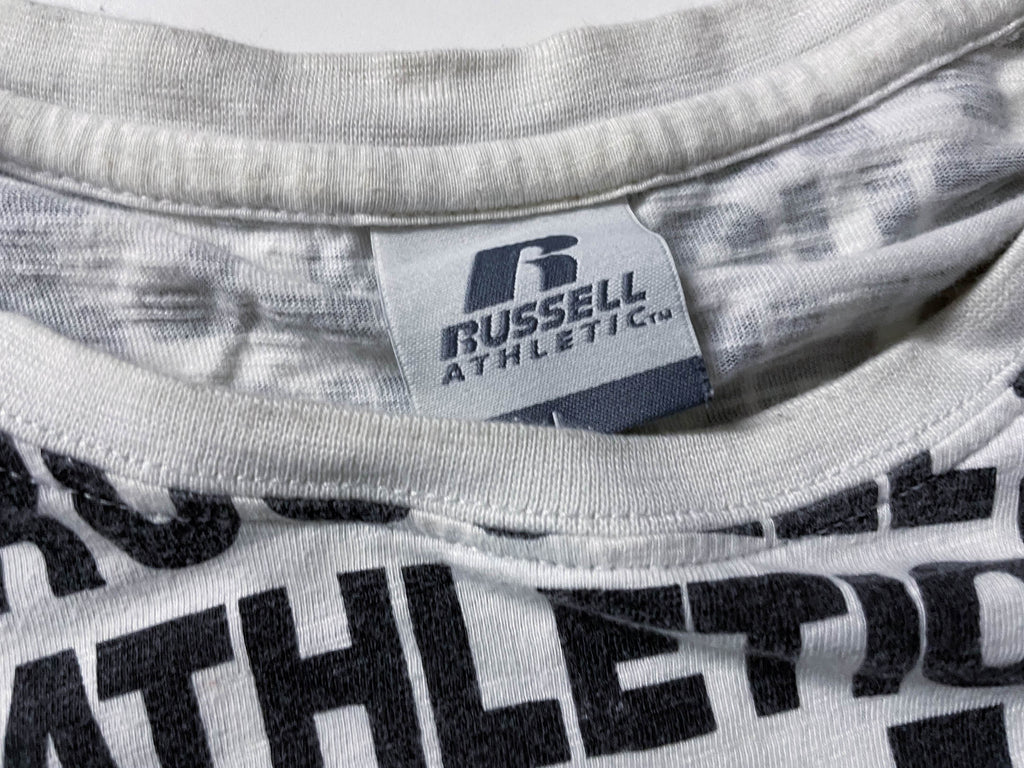 Vintage Women's Rusell Athletics all over print white short sleeve tees in L|L 25 W20|SKU 4139