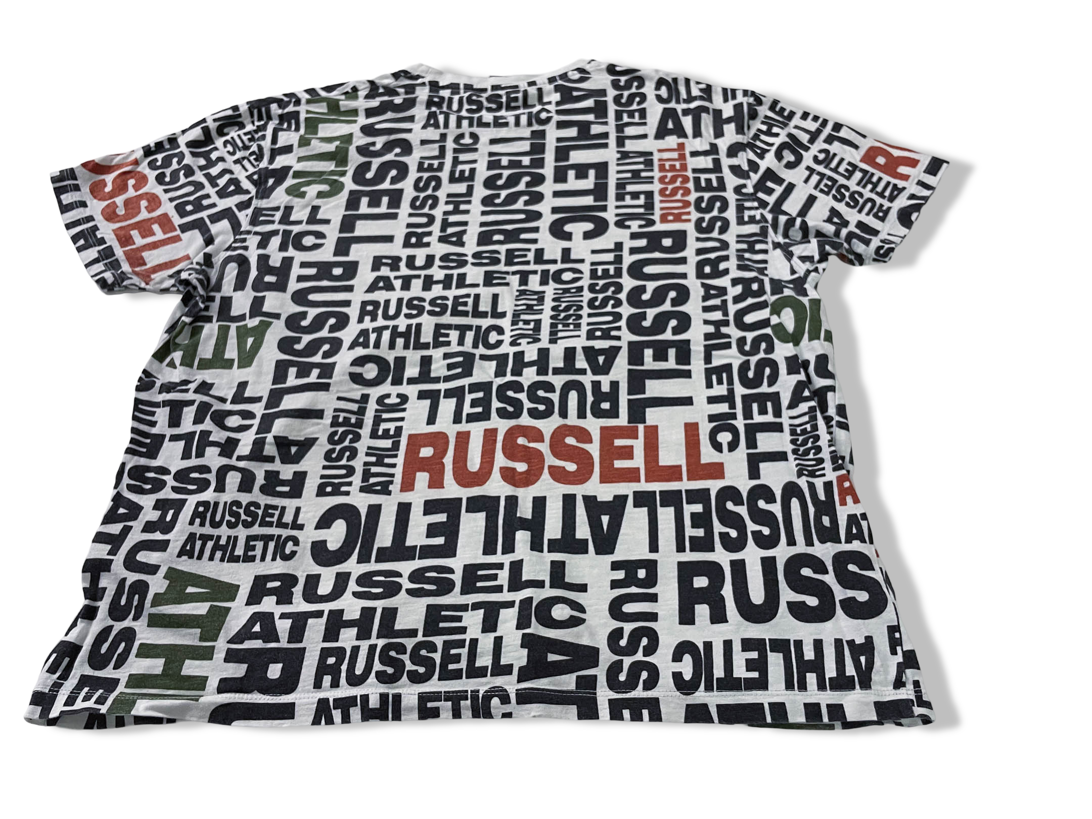 Vintage Women's Rusell Athletics all over print white short sleeve tees in L|L 25 W20|SKU 4139