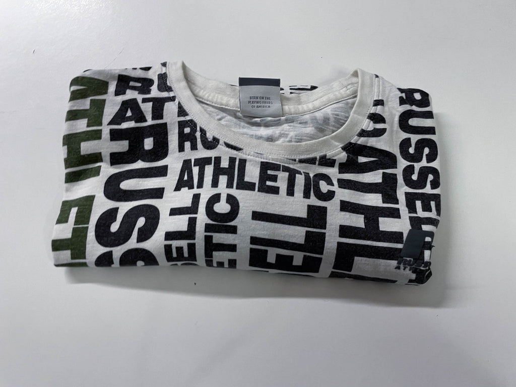 Vintage Women's Rusell Athletics all over print white short sleeve tees in L|L 25 W20|SKU 4139