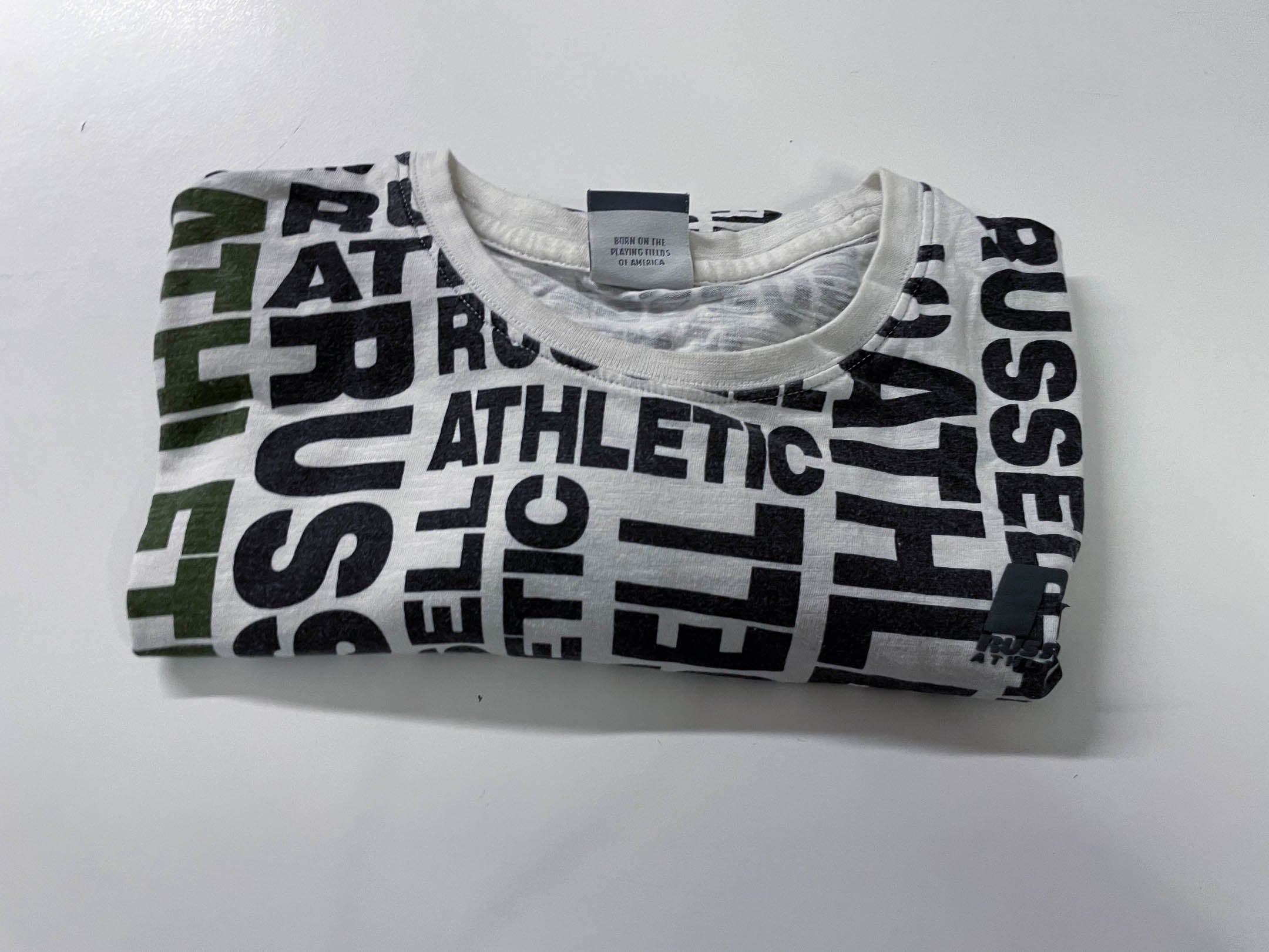 Vintage Women's Rusell Athletics all over print white short sleeve tees in L|L 25 W20|SKU 4139