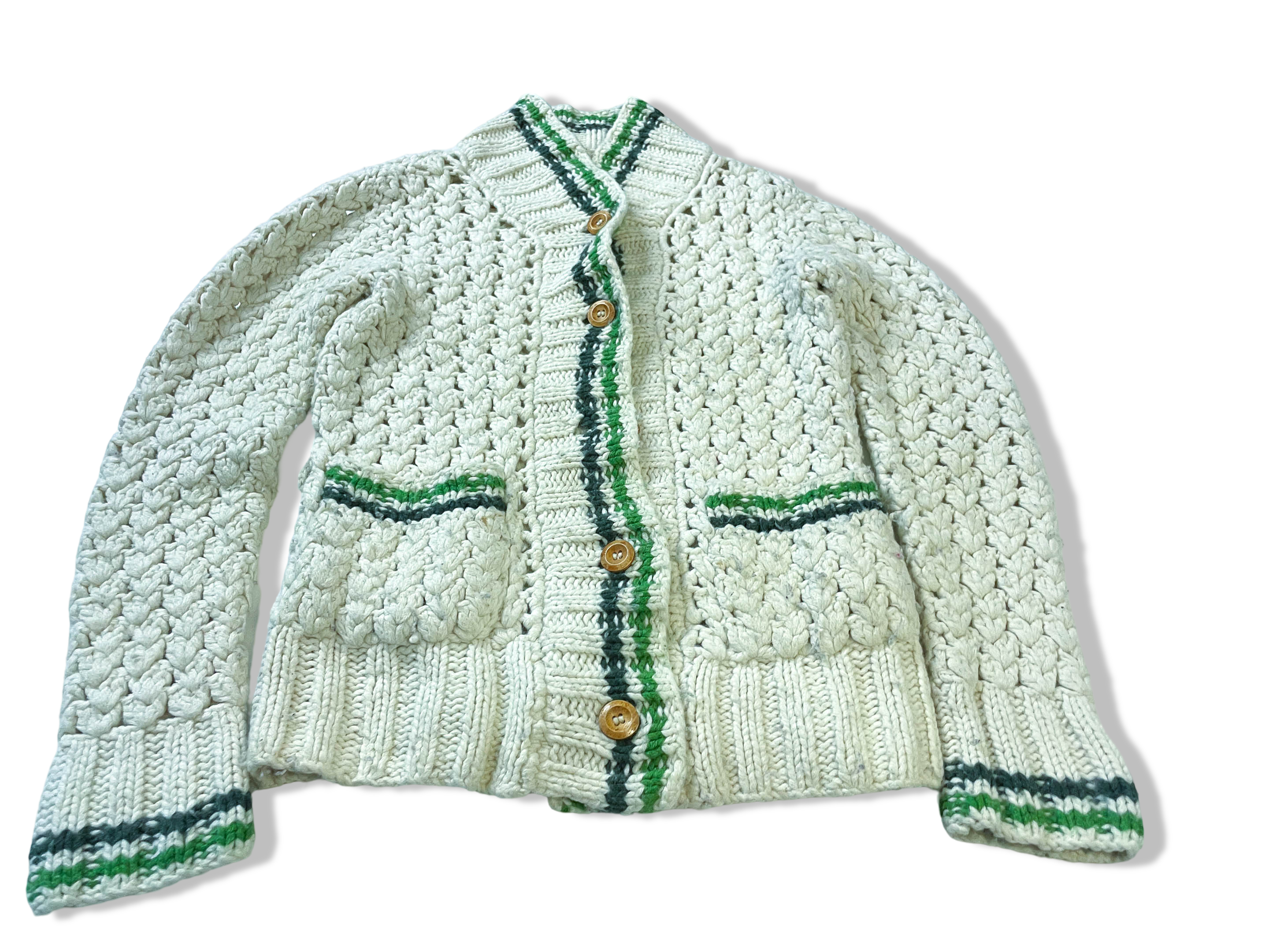 Vintage Women's cream merino wool knitted mock neck button up cardigan size 8|L27W21|SKU 3985