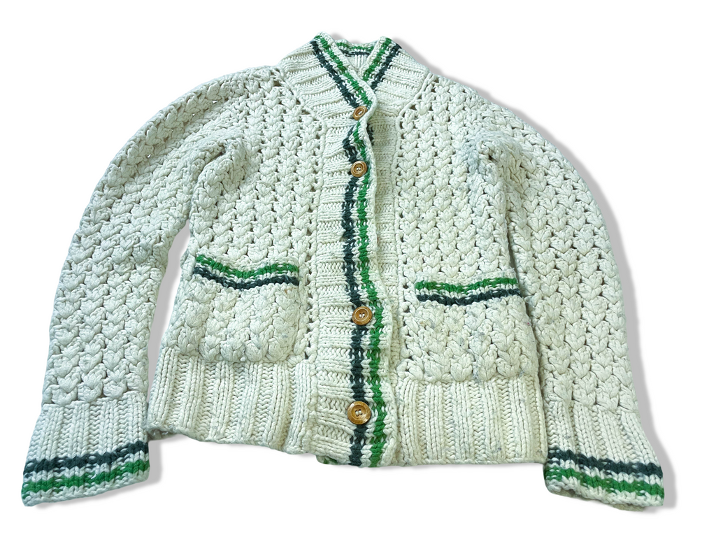 Vintage Women's cream merino wool knitted mock neck button up cardigan size 8|L27W21|SKU 3985